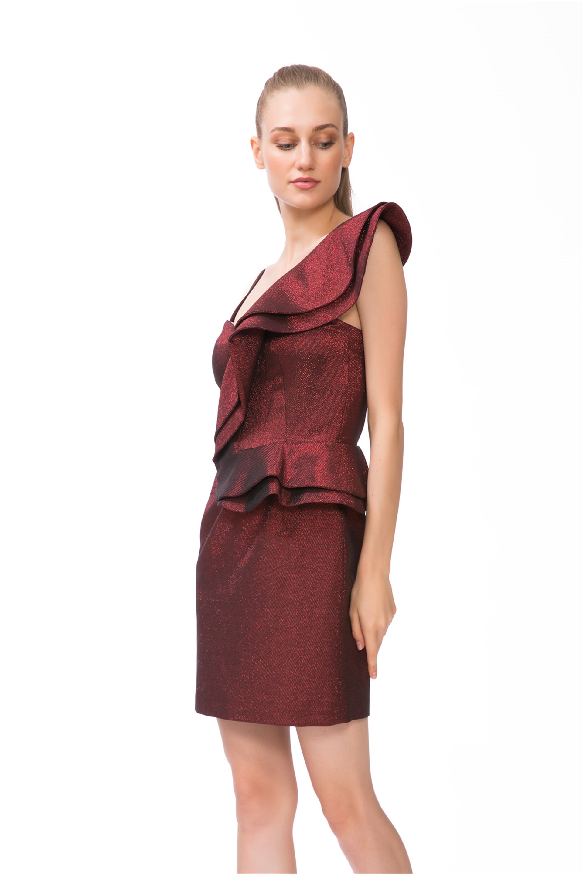 One Shoulder Ruffle Claret Red Mini Dress