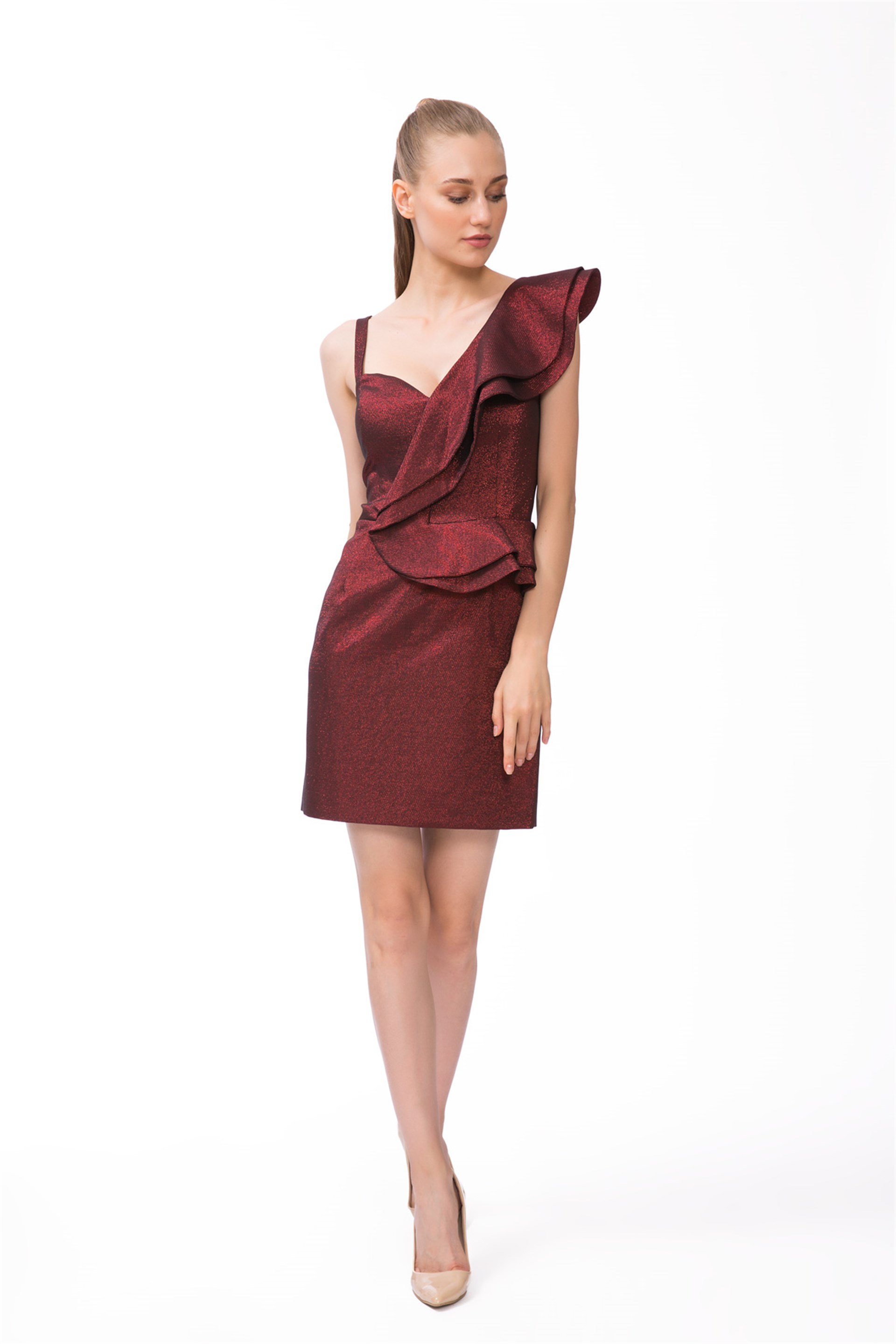 One Shoulder Ruffle Claret Red Mini Dress