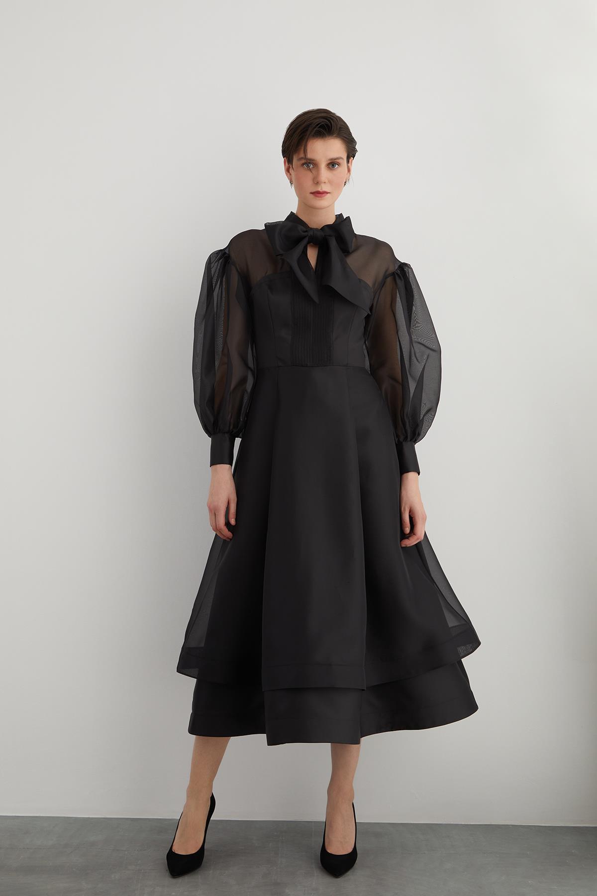 Black Organza Dress with Neck Tie