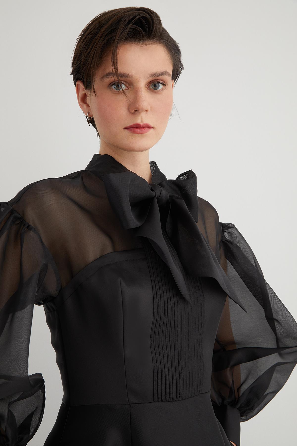 Black Organza Dress with Neck Tie