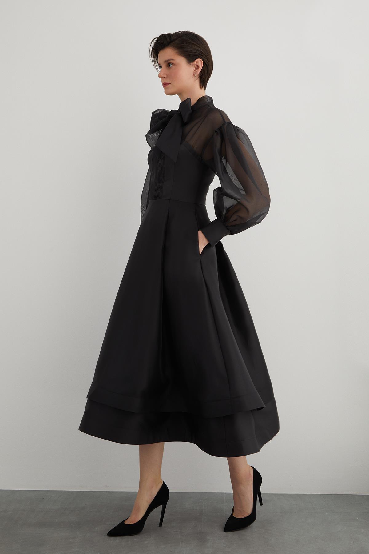 Black Organza Dress with Neck Tie