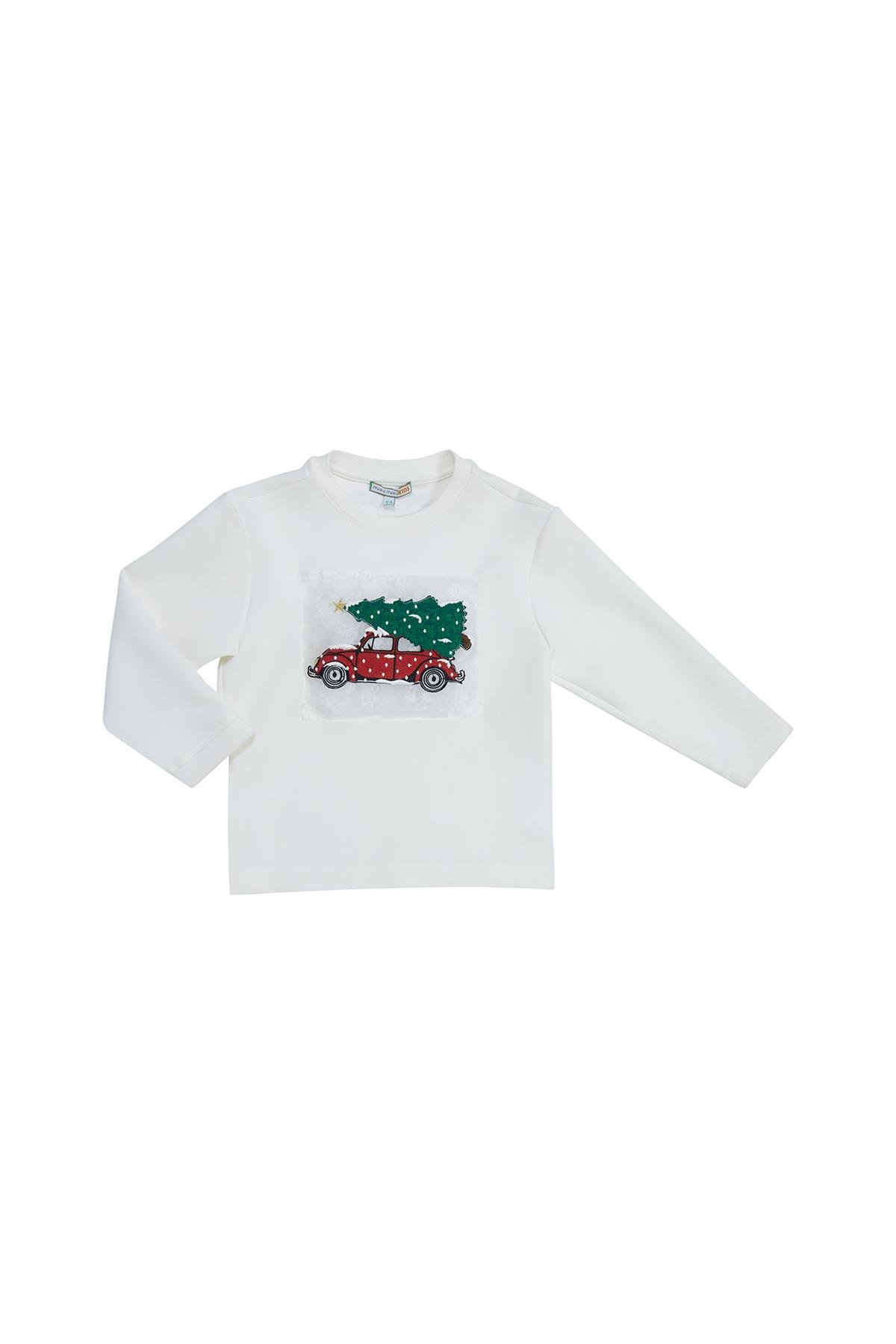 White Sweatshirt with 'Mani Mani Kids' and Car Embroidery Details