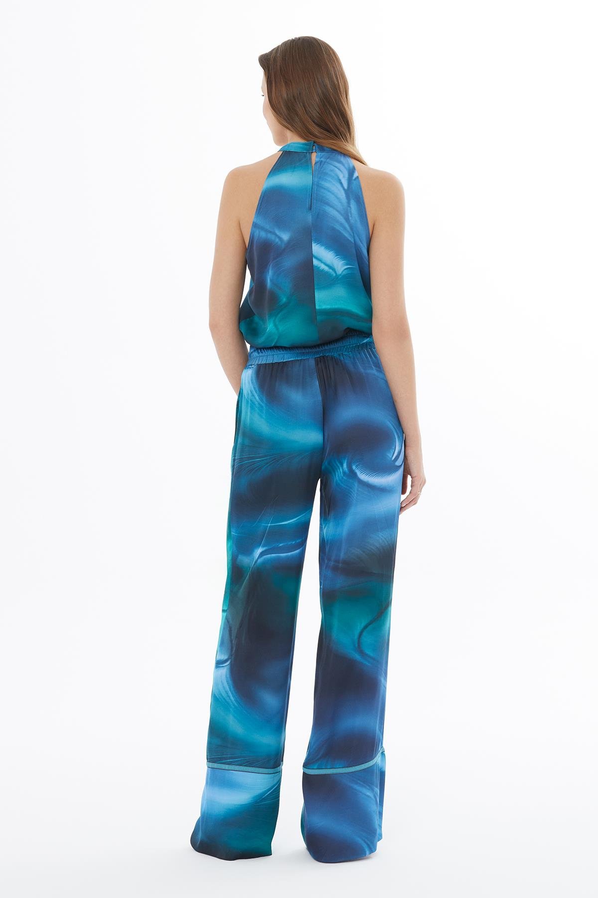 Mavi Yeşil Dalgalı Desenli Pantolon