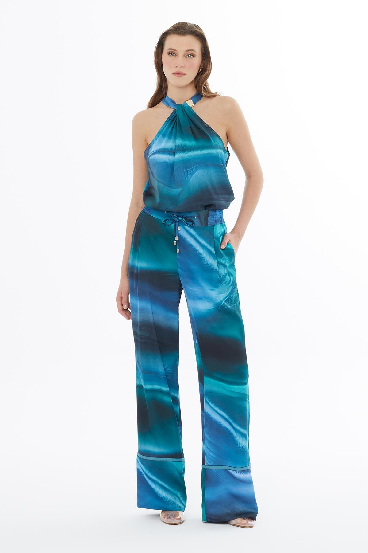 Mavi Yeşil Dalgalı Desenli Pantolon