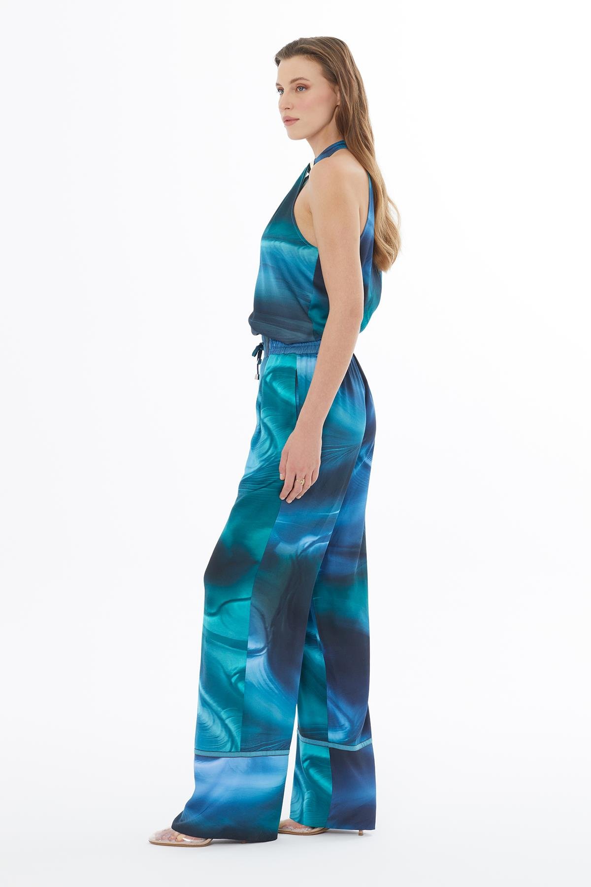 Mavi Yeşil Dalgalı Desenli Pantolon