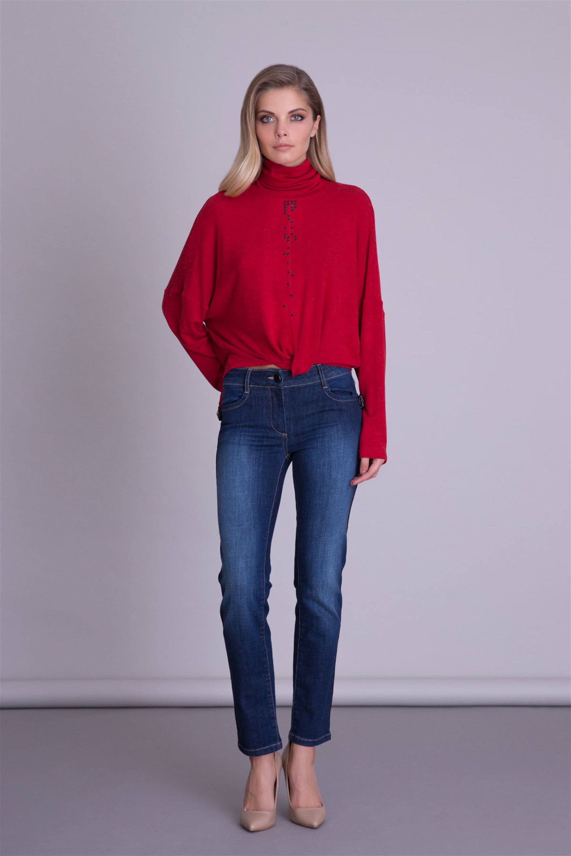 Pleated Stand Up Collar Ecru Blouse