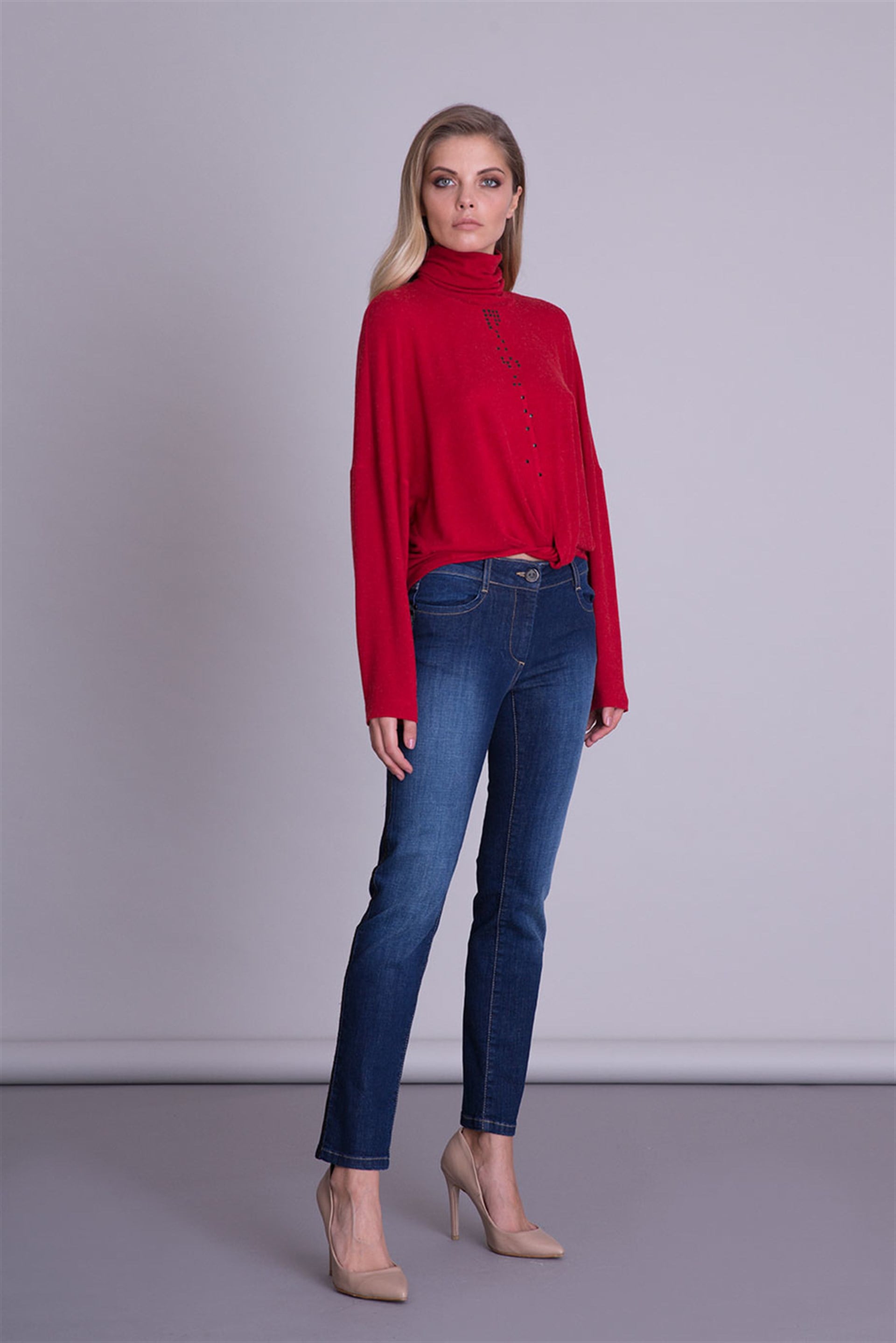 Pleated Stand Up Collar Ecru Blouse