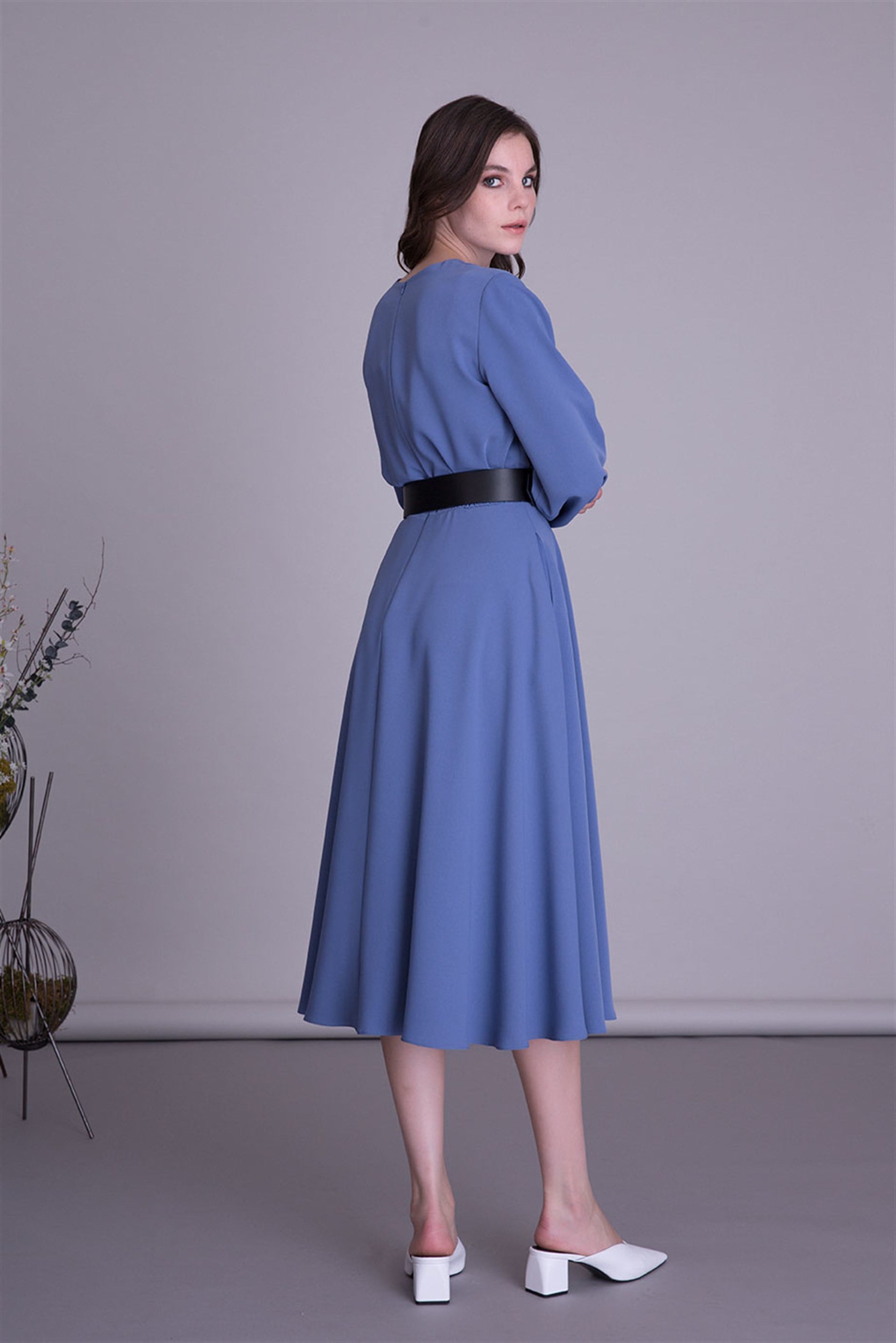 Belted Long Sleeve Blue Midi Dress