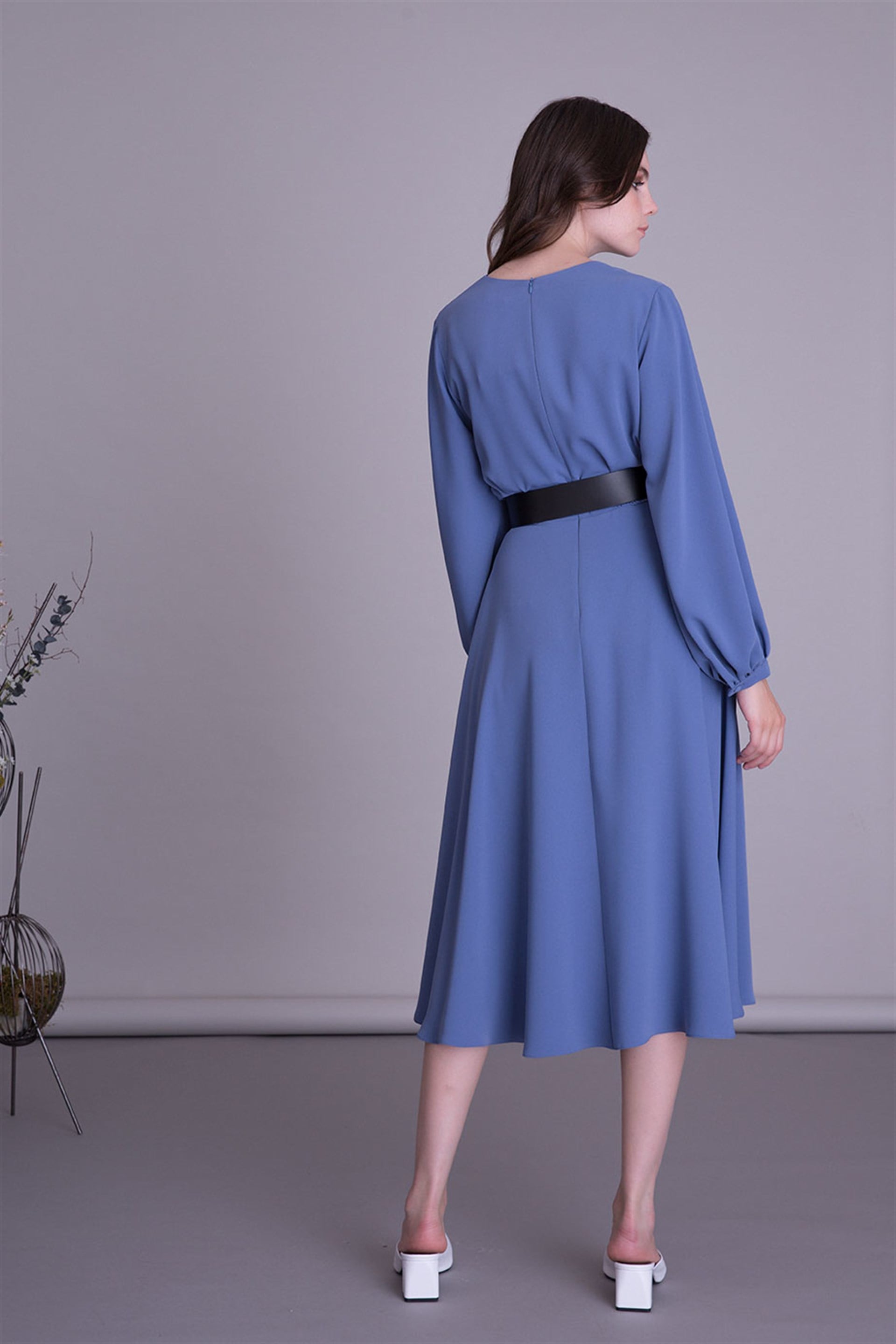 Belted Long Sleeve Blue Midi Dress