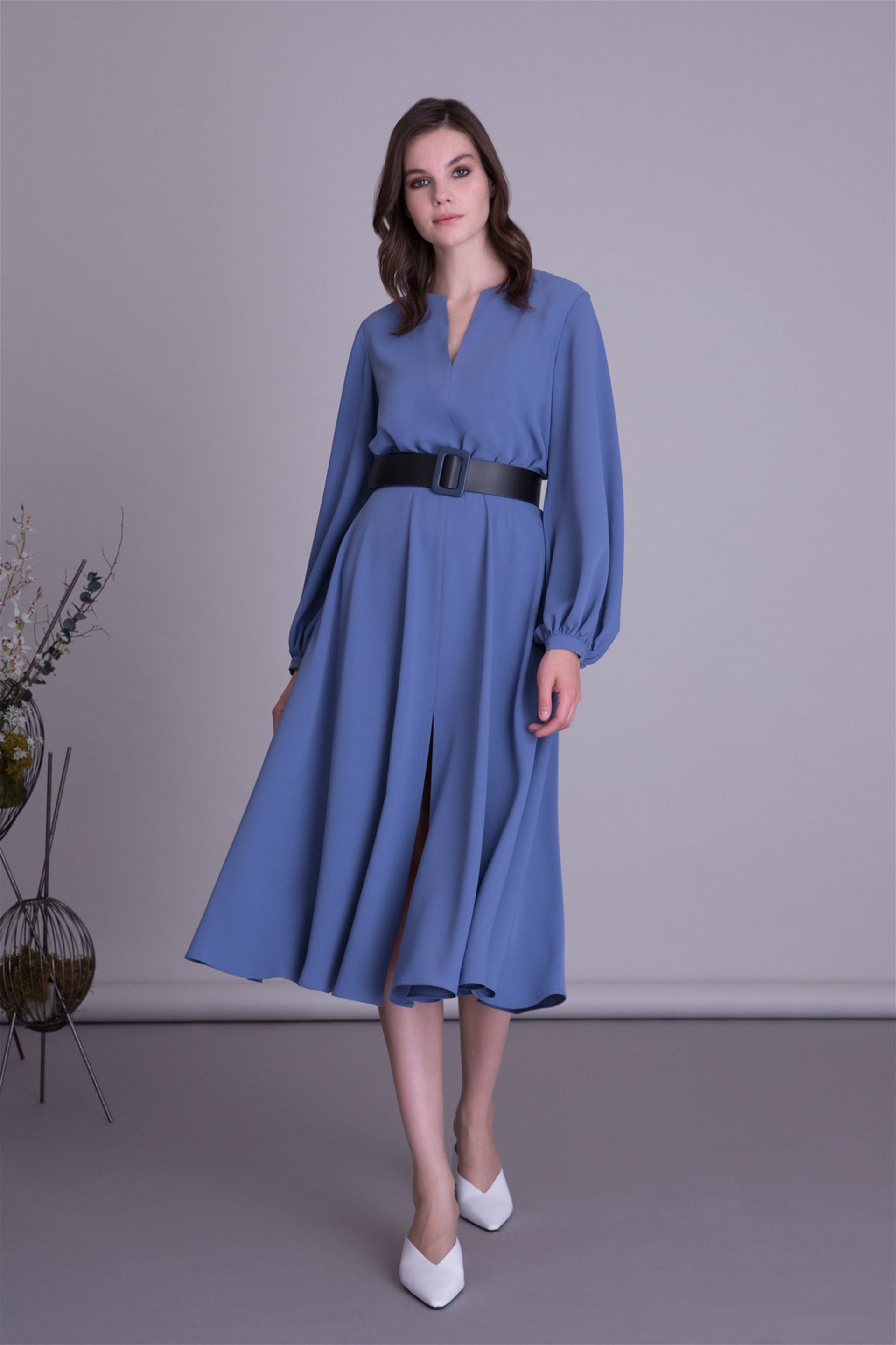 Belted Long Sleeve Blue Midi Dress