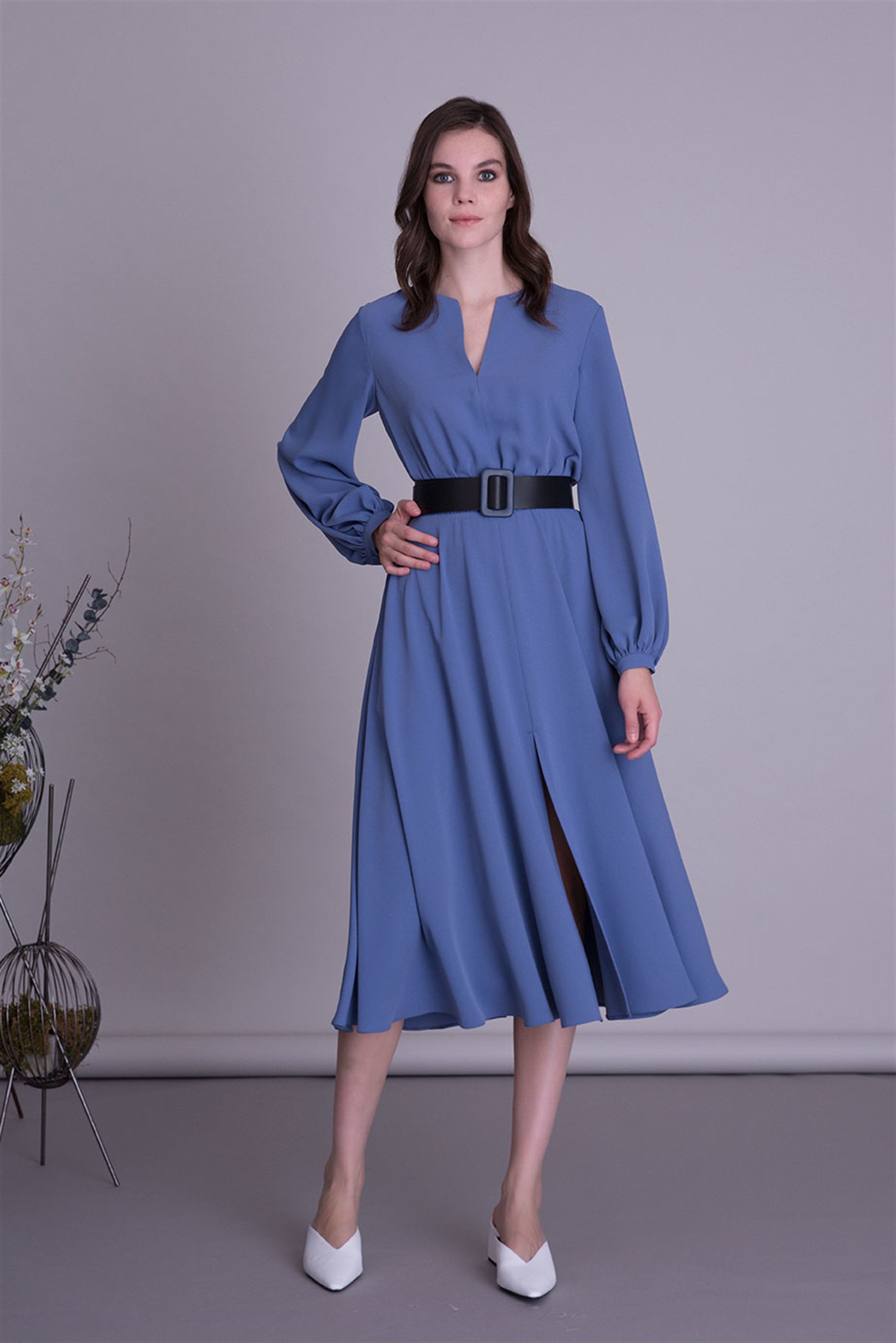 Belted Long Sleeve Blue Midi Dress