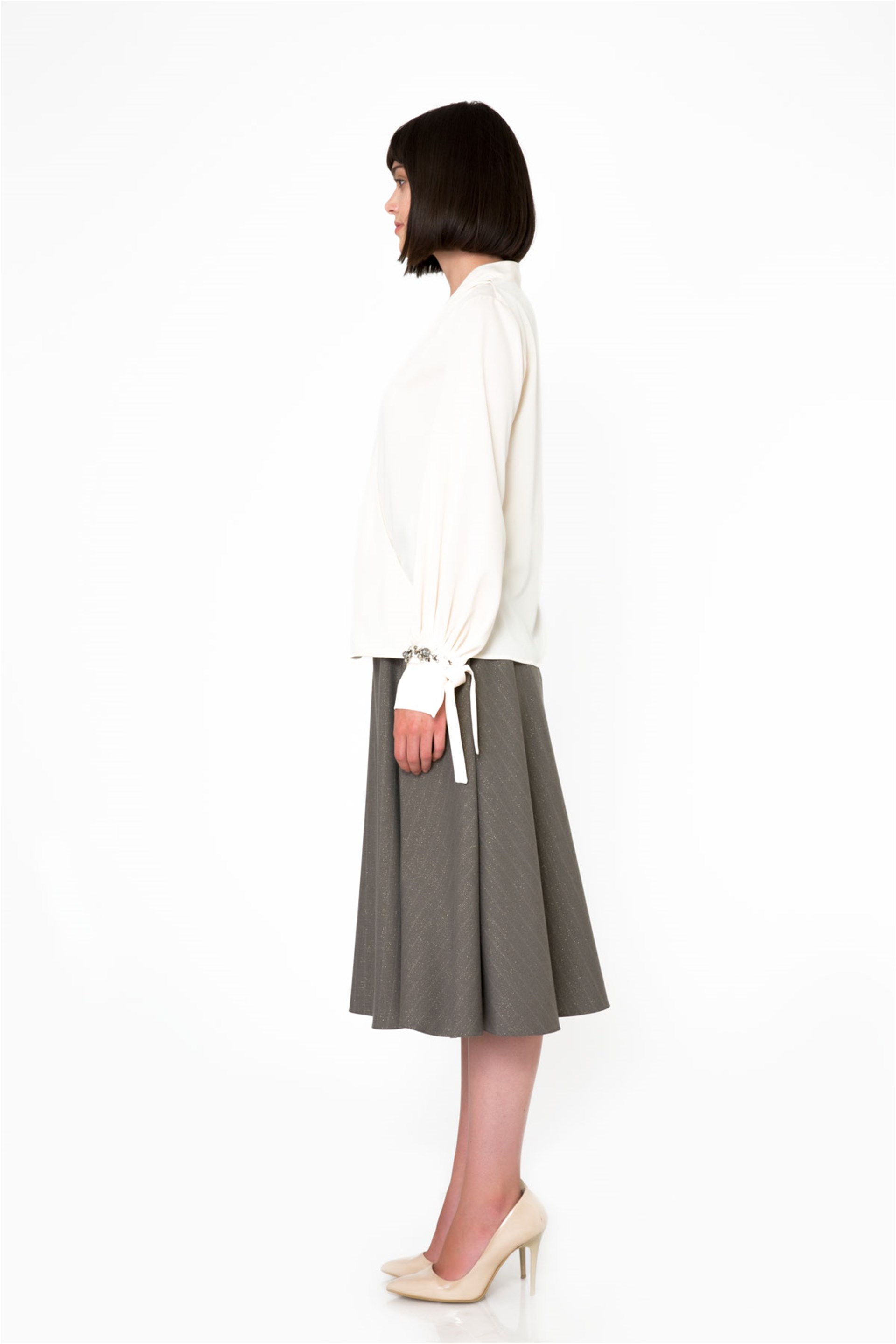 Metallic Stripe Fabric Midi Length Gray Flared Skirt