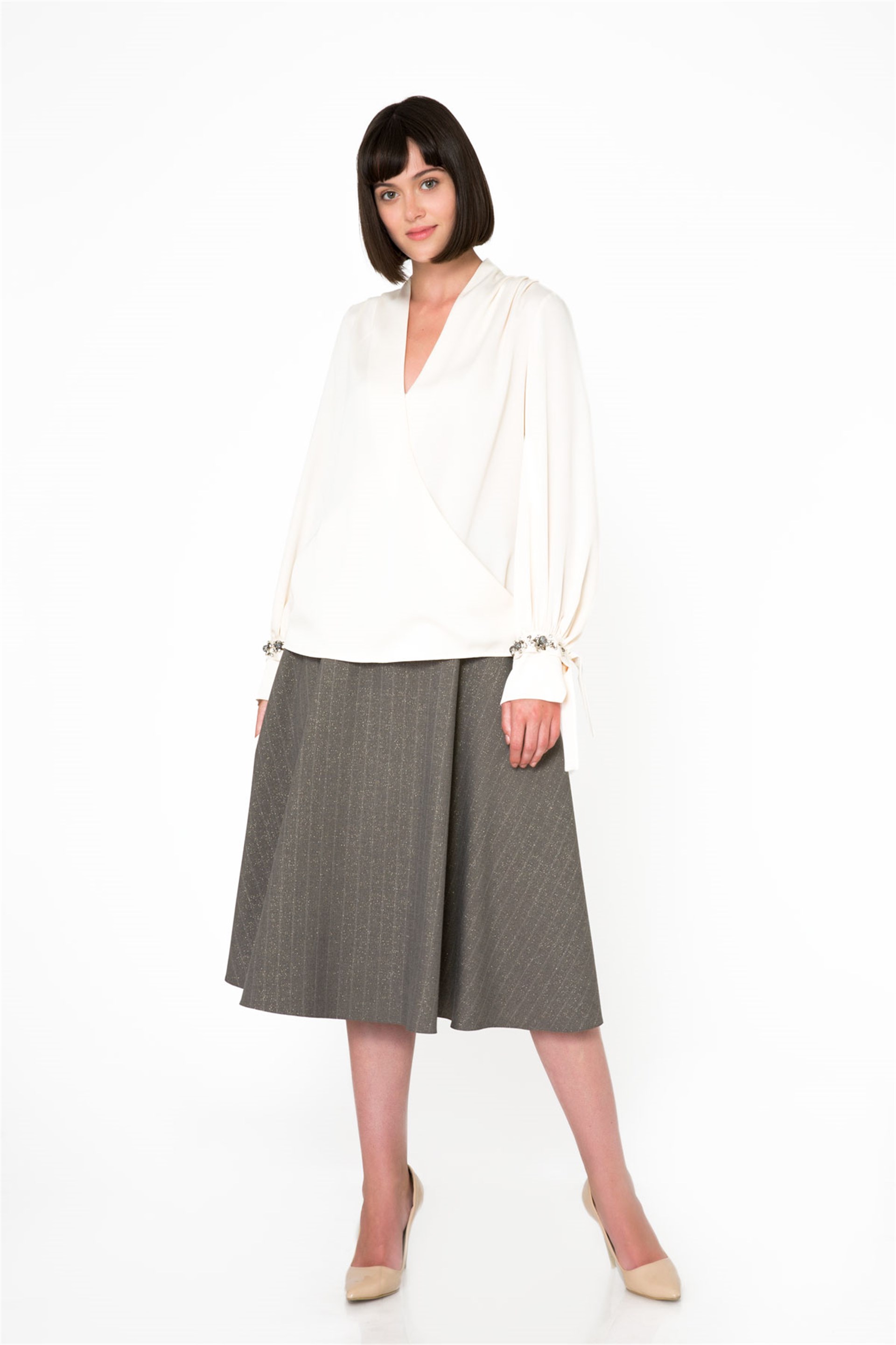 Metallic Stripe Fabric Midi Length Gray Flared Skirt