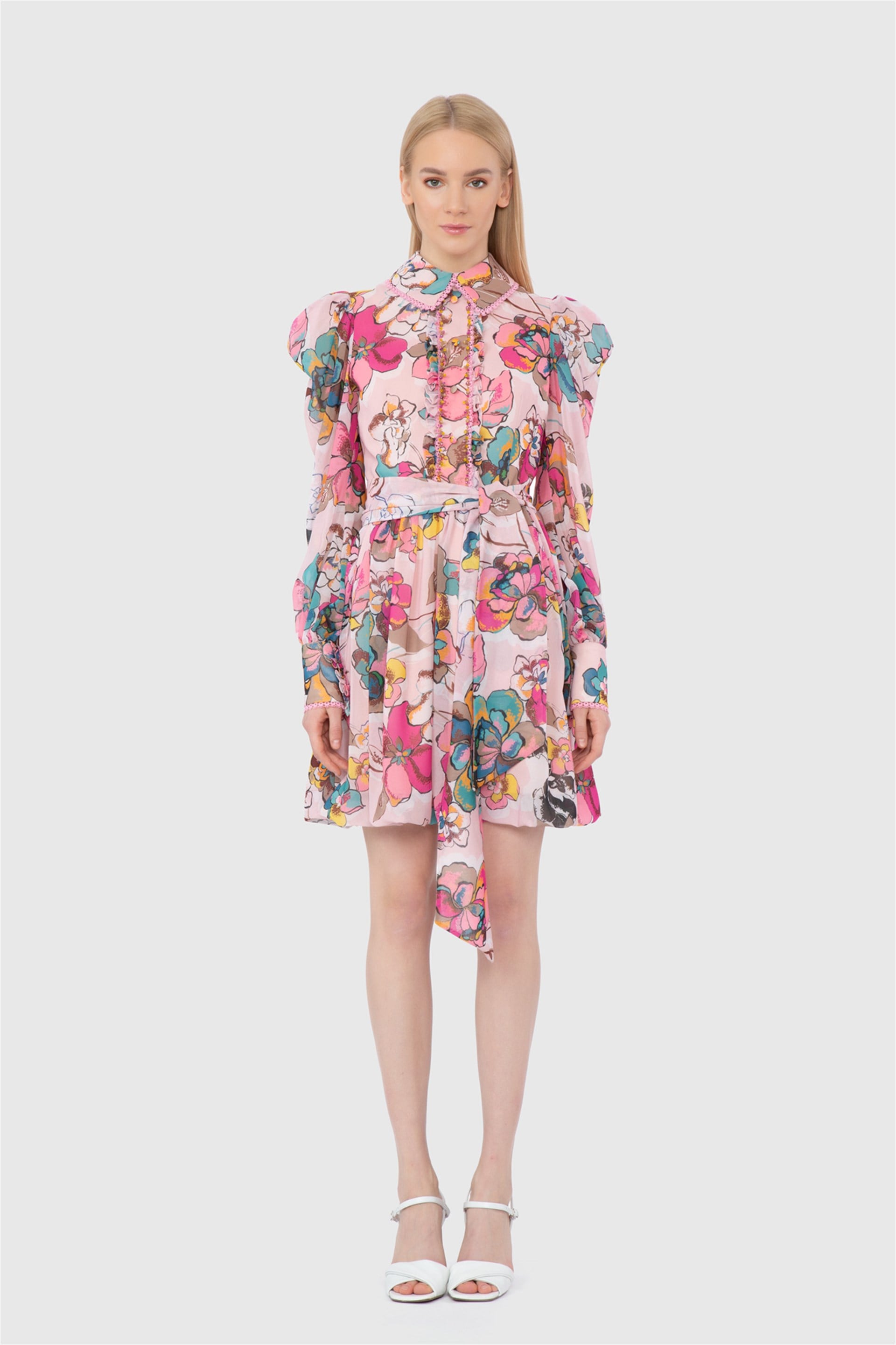 Tiny Lace Ribbon Detailed Long Sleeve Mini Balloon Pattern Chiffon Original Dress
