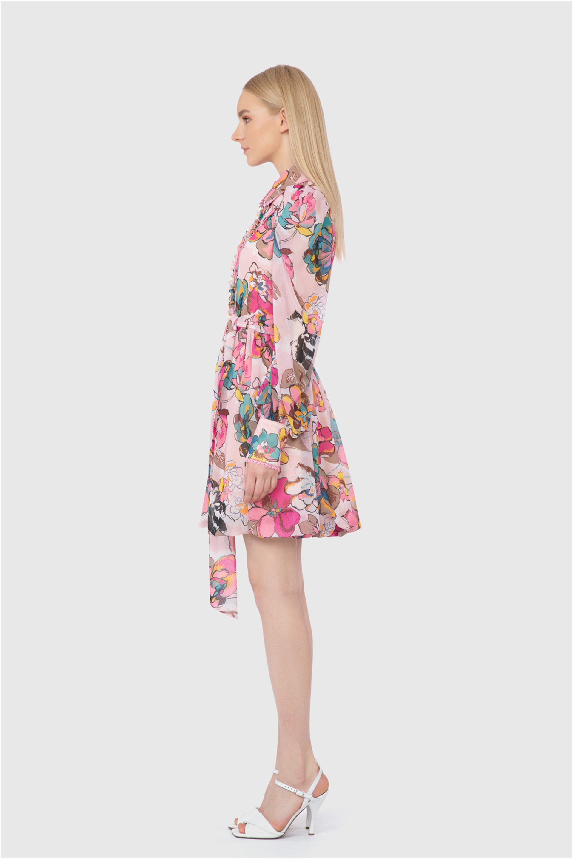 Tiny Lace Ribbon Detailed Long Sleeve Mini Balloon Pattern Chiffon Original Dress