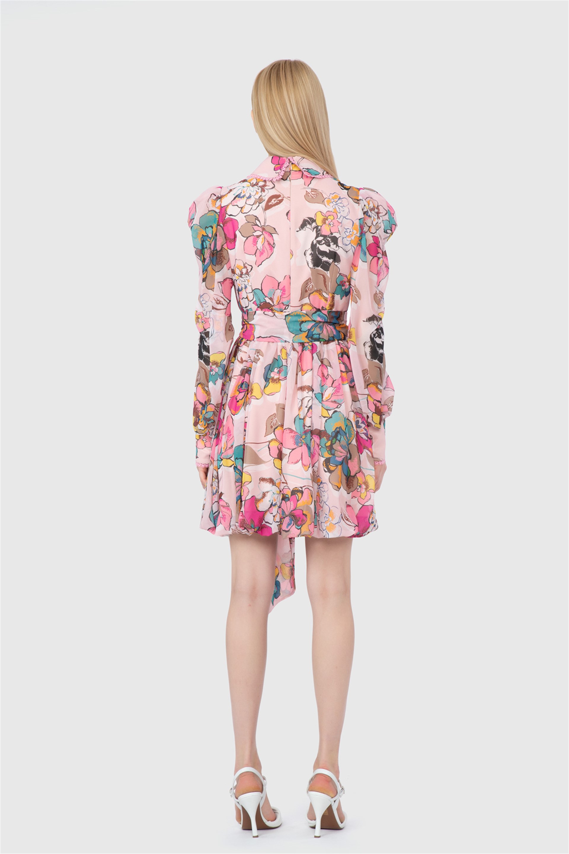 Tiny Lace Ribbon Detailed Long Sleeve Mini Balloon Pattern Chiffon Original Dress