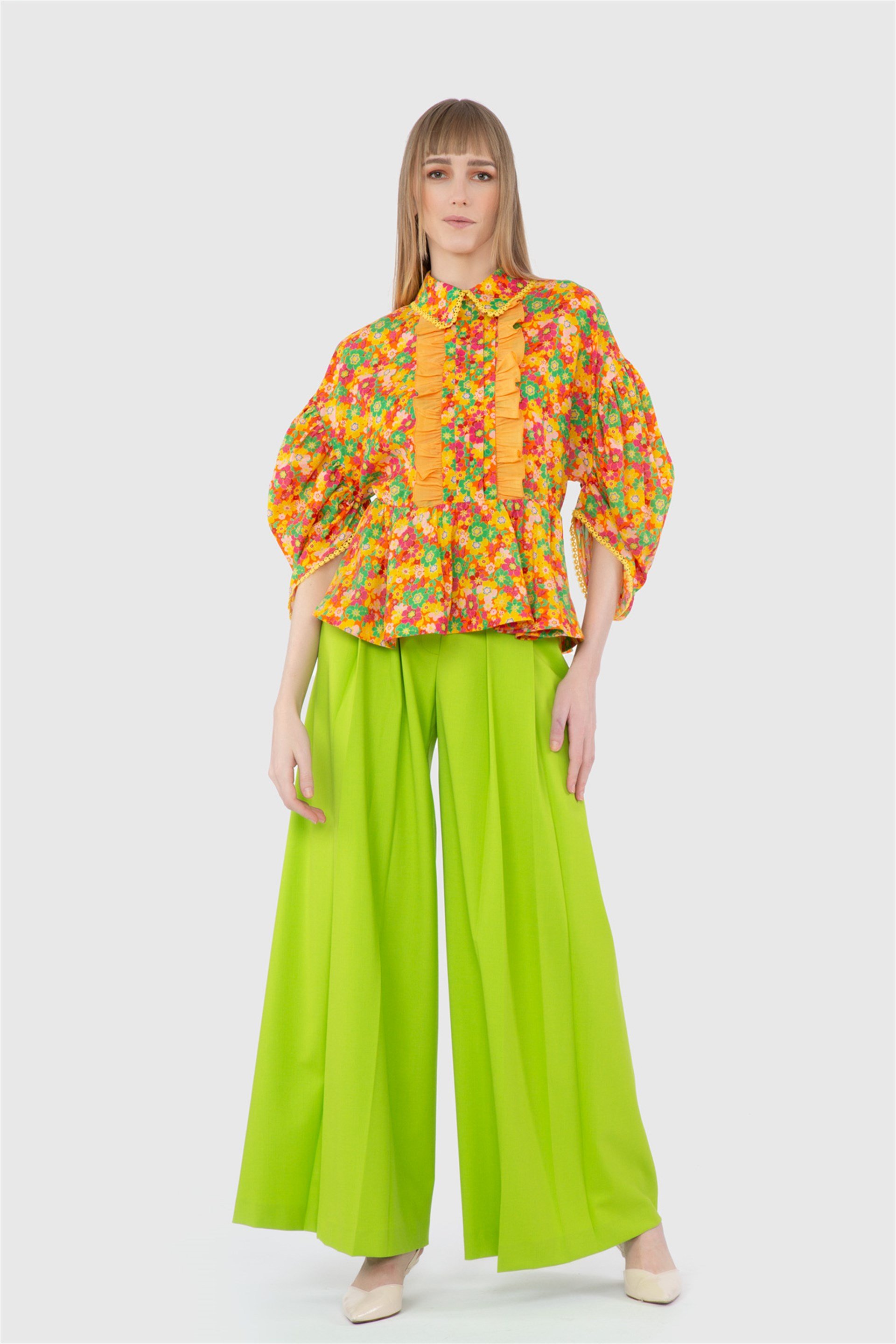 Pleated Low-Sleeve Poplin Orange Blouse With Tiny Lace Trim