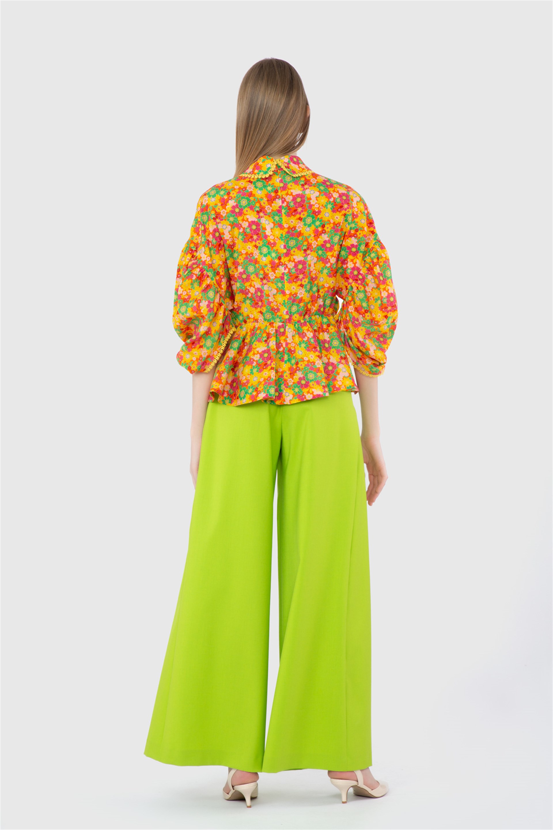 Pleated Low-Sleeve Poplin Orange Blouse With Tiny Lace Trim