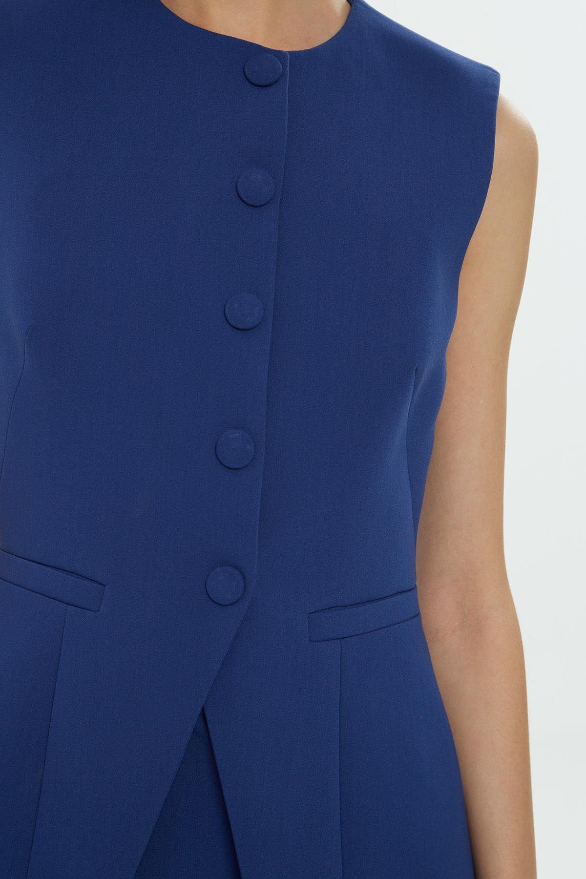 Mono Kapamalı Astarlı Kadın Lacivert Dokuma Yelek