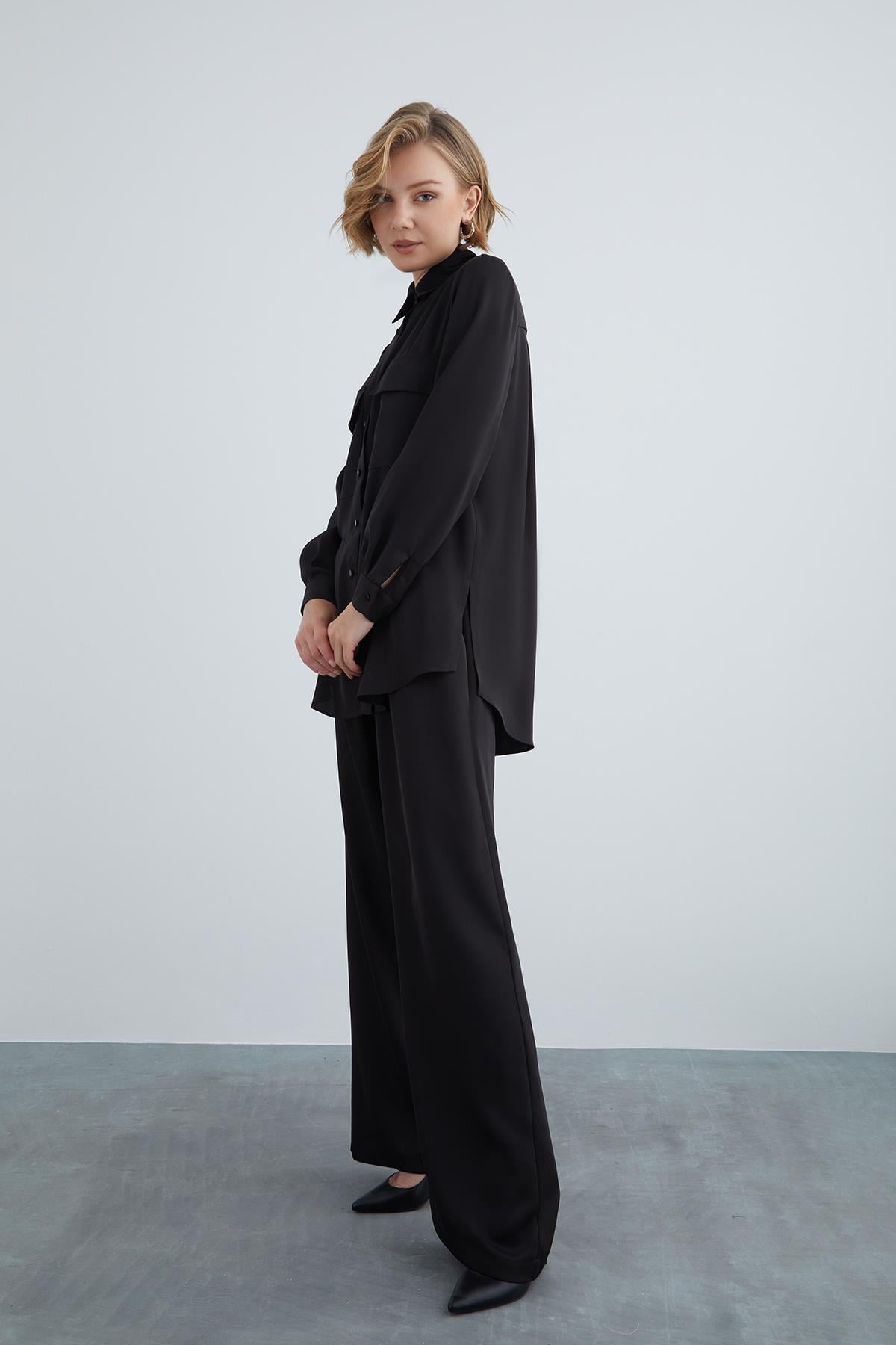 Double Pocket Cover Comfort Fit Shirt and Elastic Waist Wide Leg Pajama Set