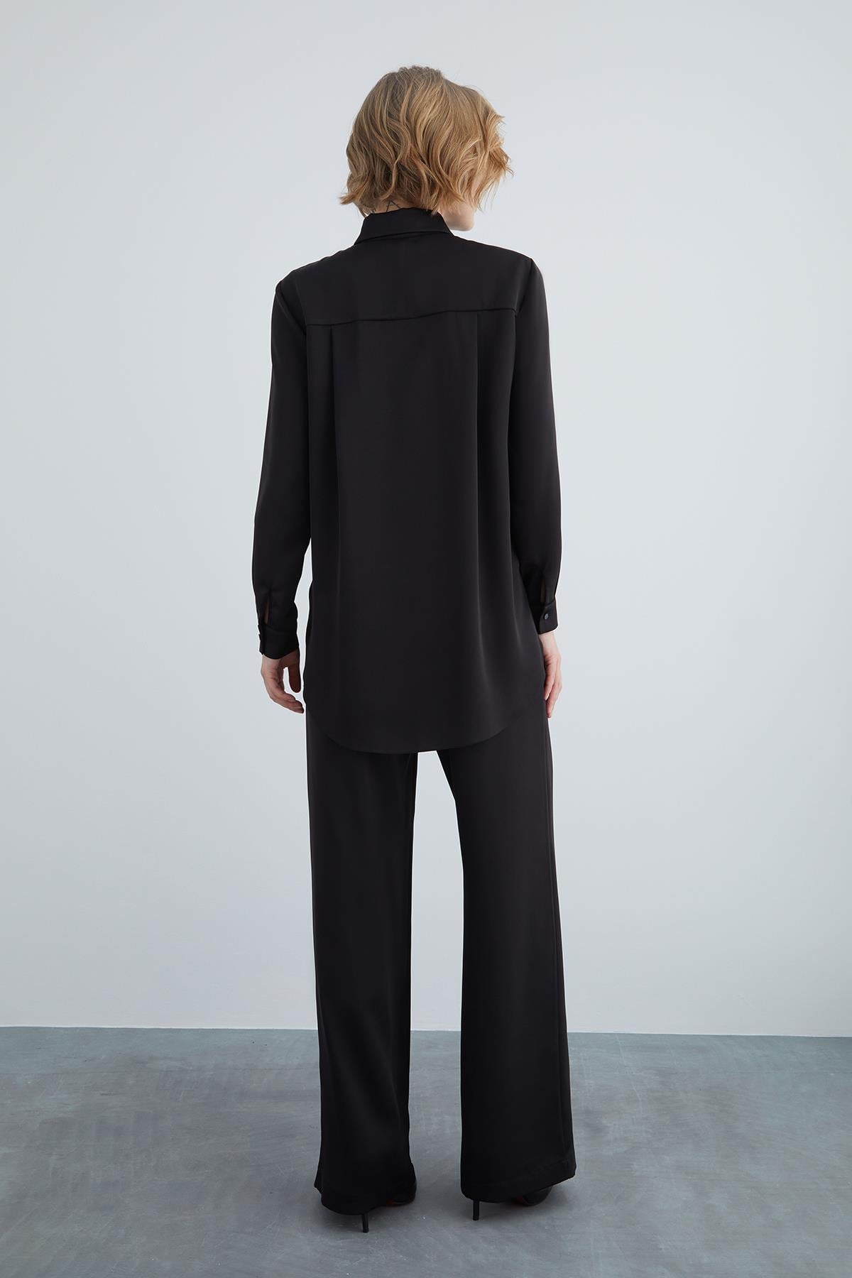 Double Pocket Cover Comfort Fit Shirt and Elastic Waist Wide Leg Pajama Set