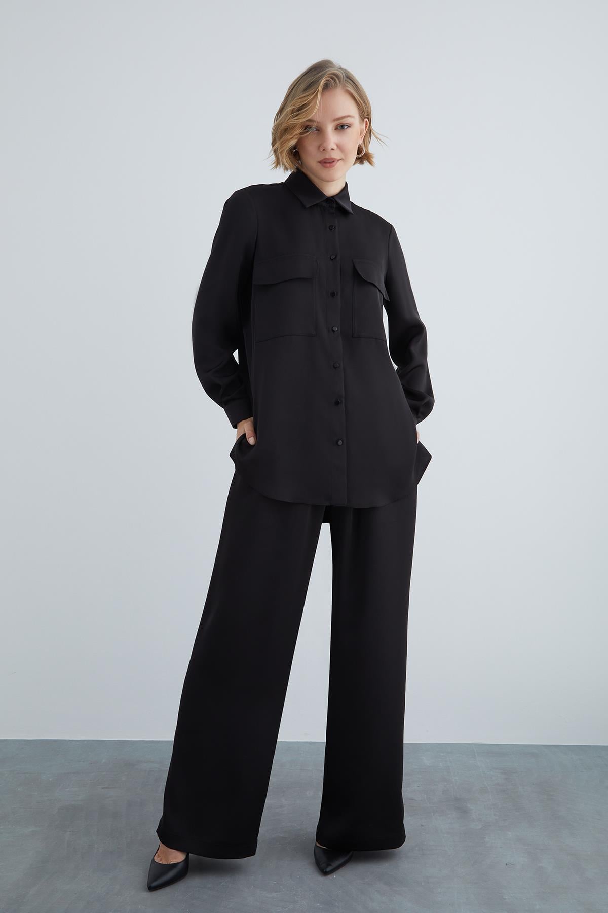 Double Pocket Cover Comfort Fit Shirt and Elastic Waist Wide Leg Pajama Set