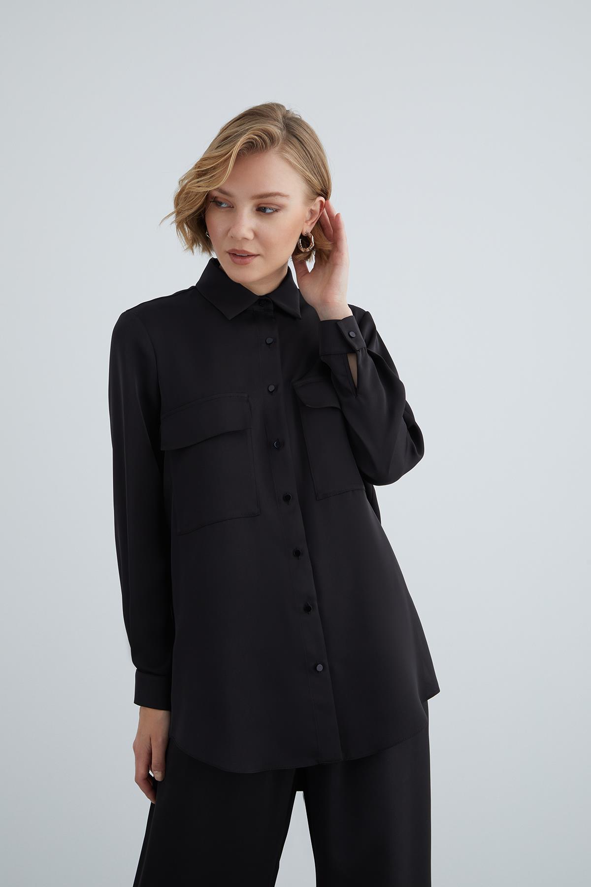Double Pocket Cover Comfort Fit Shirt and Elastic Waist Wide Leg Pajama Set