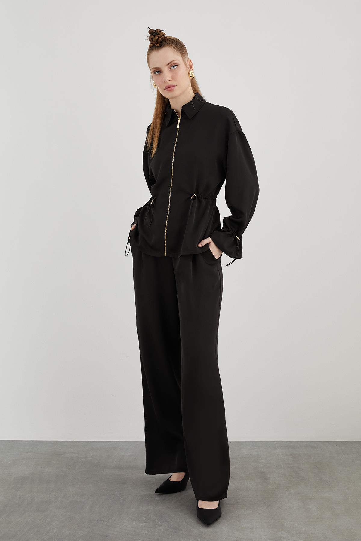 Waist and Sleeves Brit Elastic Zippered Front Pajama Set