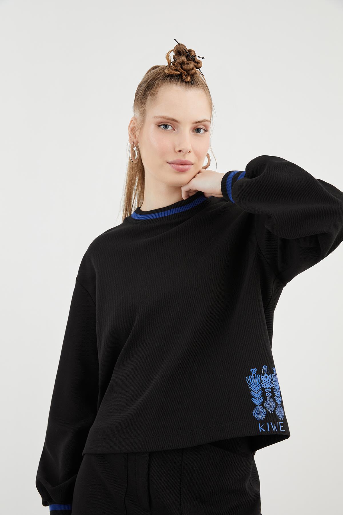 Ribbed Shawl Pattern Side Print Cargo Pants Comfort Fit Black Tracksuit Set