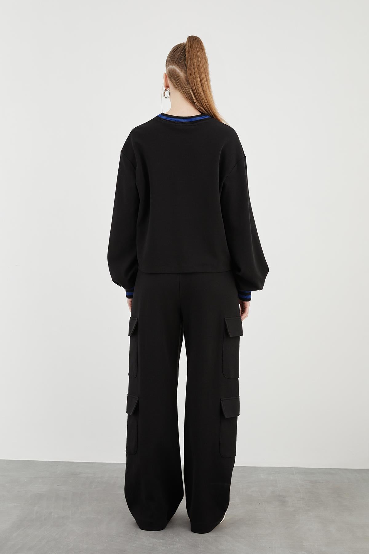 Ribbed Shawl Pattern Side Print Cargo Pants Comfort Fit Black Tracksuit Set