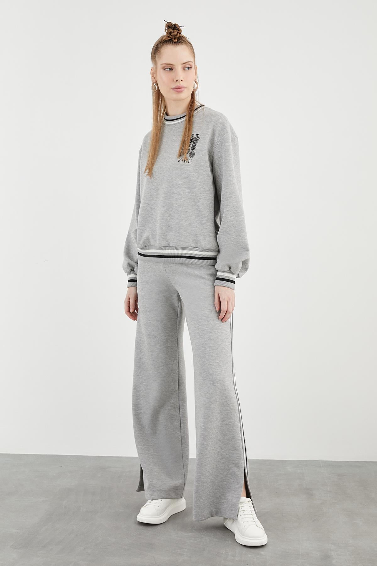 Ribbed and Print Detail Side Slit Comfort Fit Black Tracksuit Set