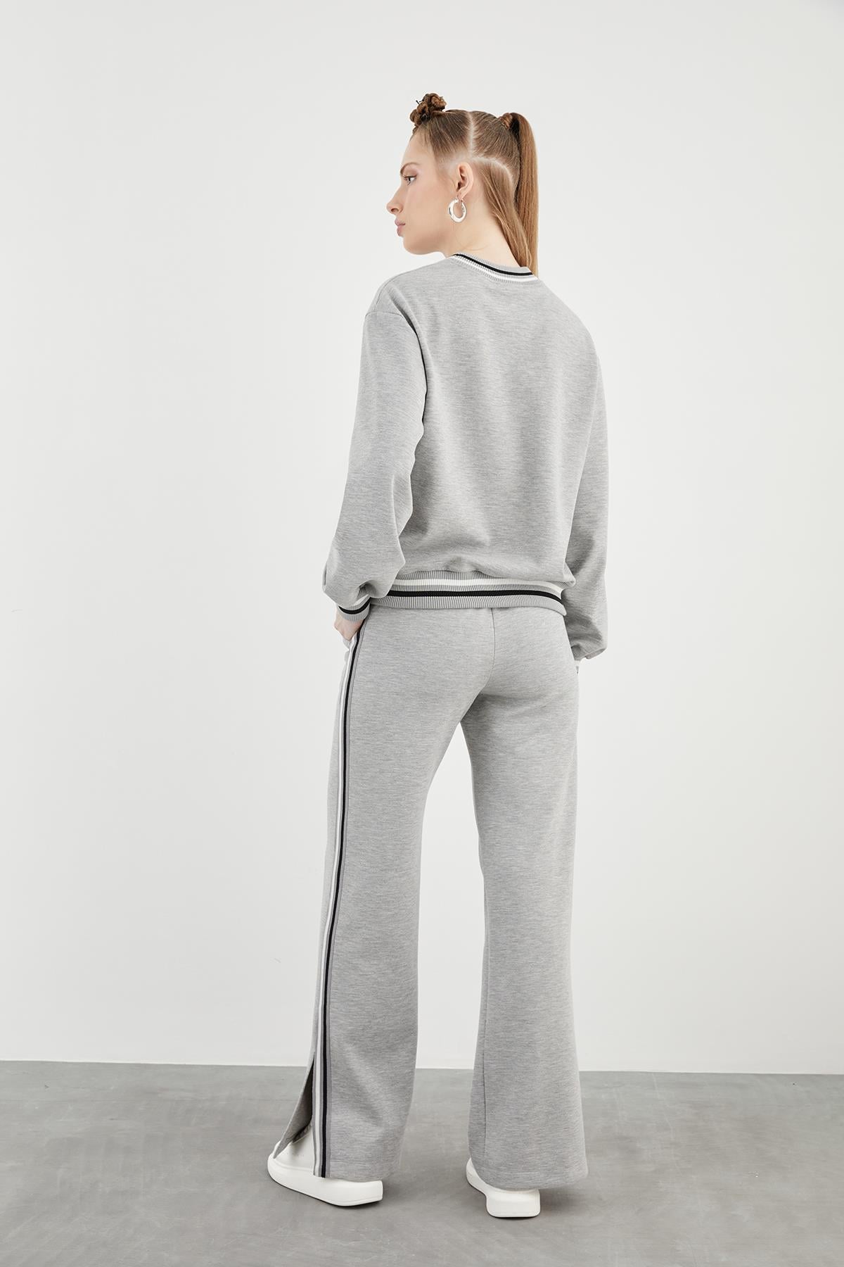 Ribbed and Print Detail Side Slit Comfort Fit Black Tracksuit Set