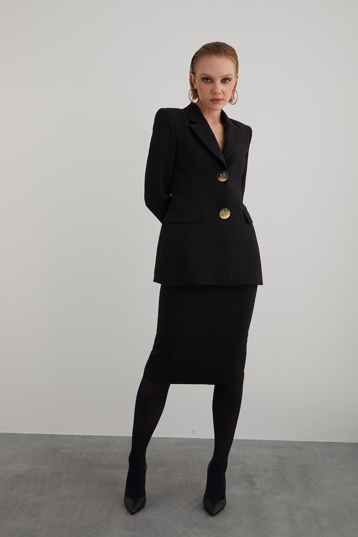 Gold Button Detail Monochrome Closure Handle Pencil Skirt Blazer Suit Dress