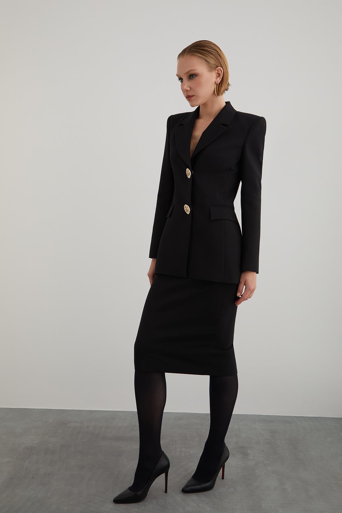 Gold Button Detail Monochrome Closure Handle Pencil Skirt Blazer Suit Dress