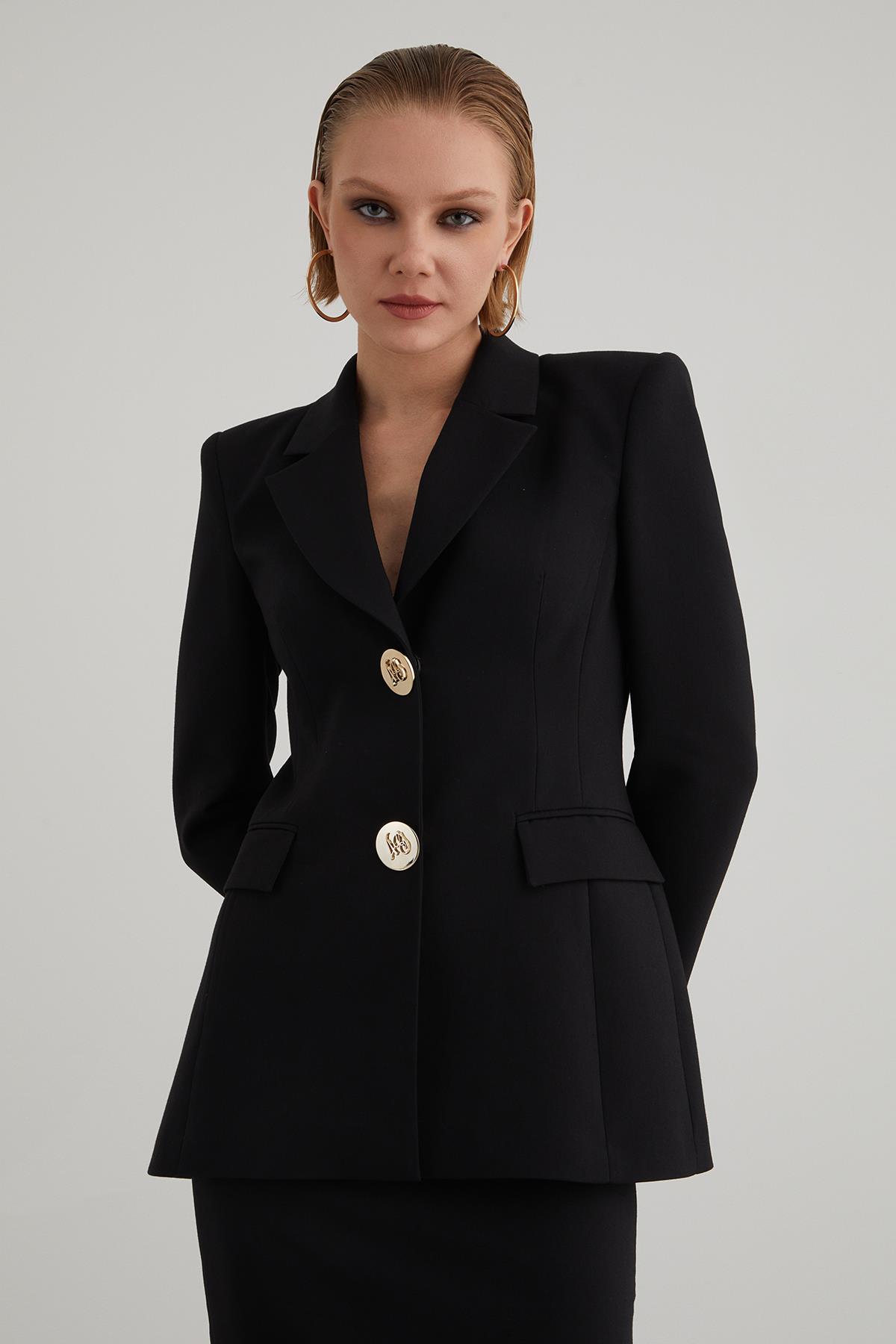 Gold Button Detail Monochrome Closure Handle Pencil Skirt Blazer Suit Dress