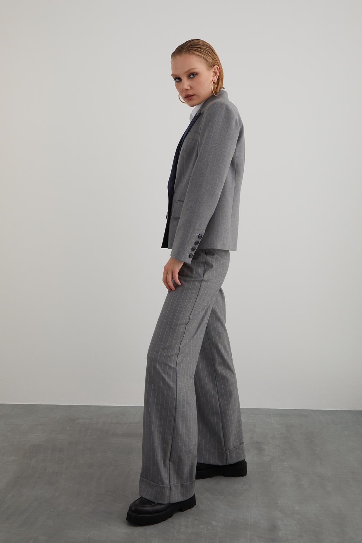 Striped Gray Women's Suit with Blazer and Palazzo Pants