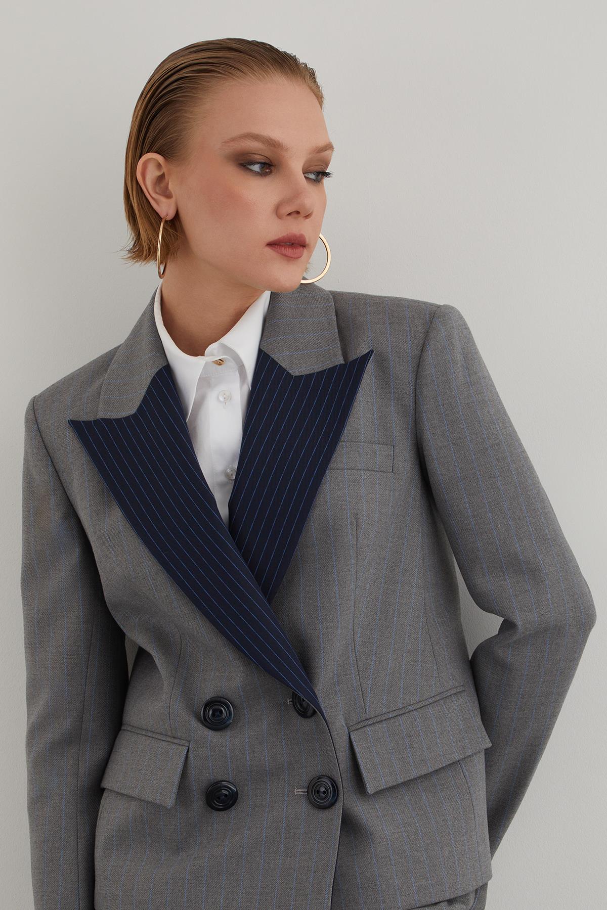 Striped Gray Women's Suit with Blazer and Palazzo Pants
