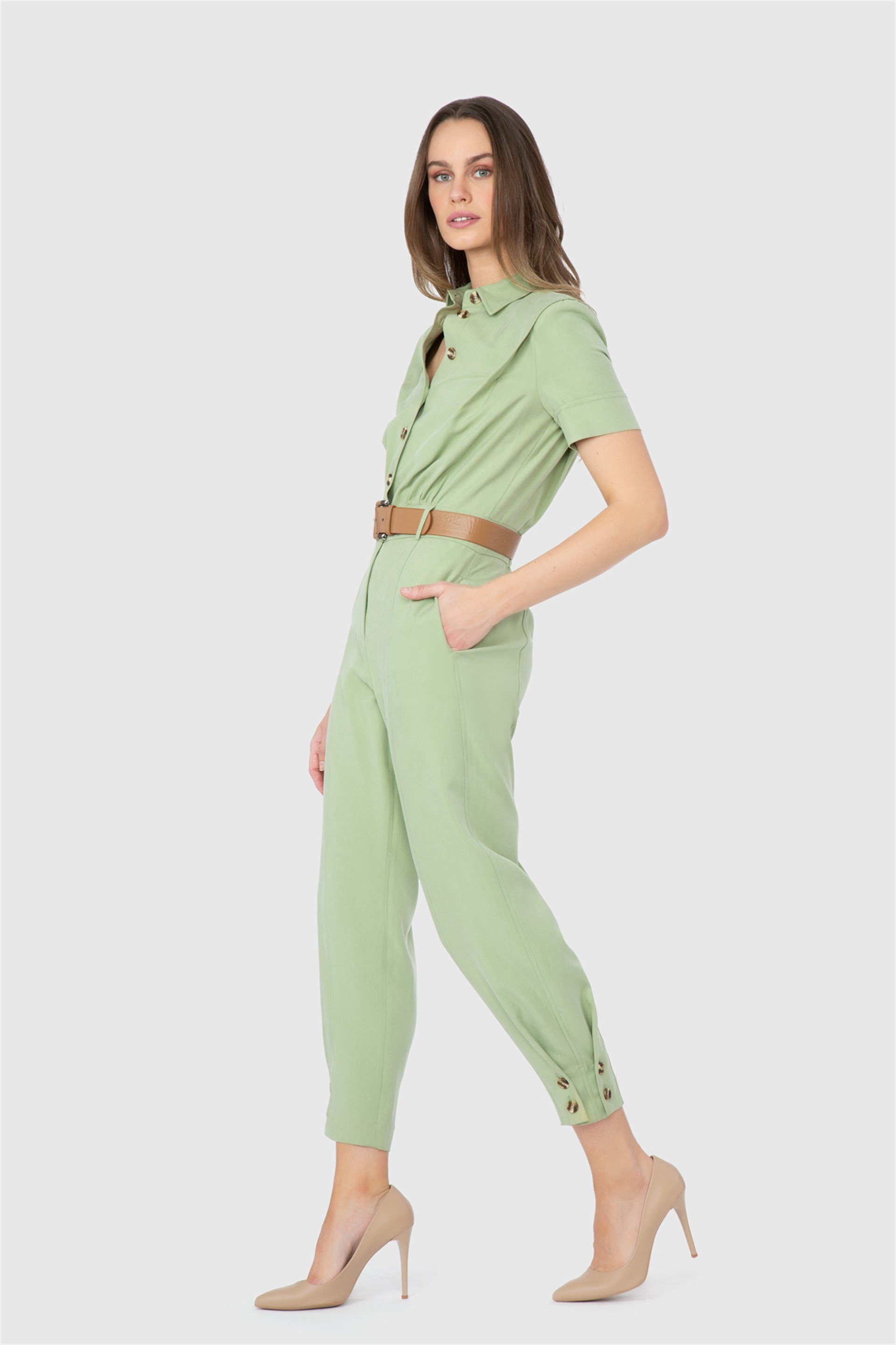 Short Leg Button Detailed Waist Belt Green Jumpsuit Dress