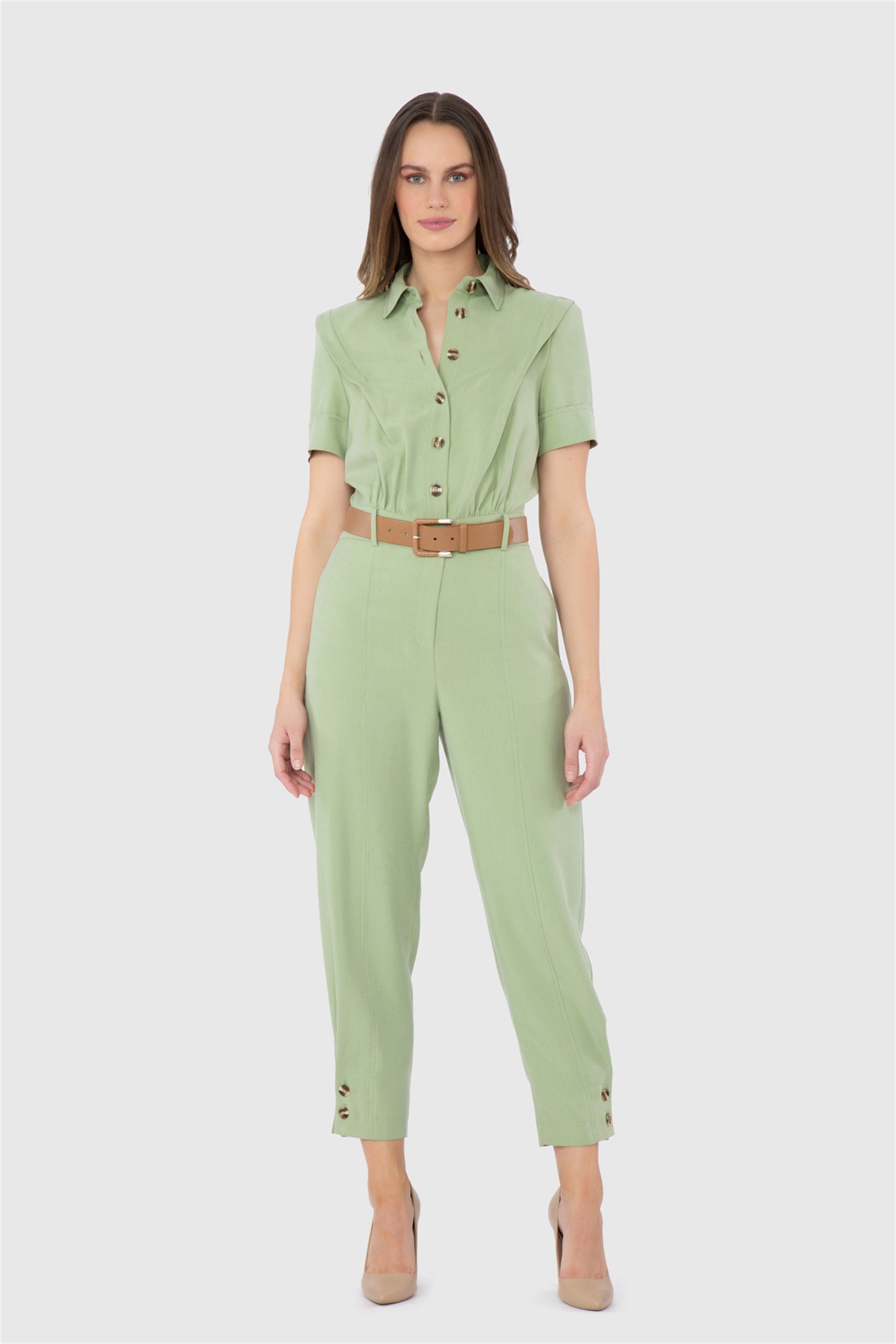 Short Leg Button Detailed Waist Belt Green Jumpsuit Dress