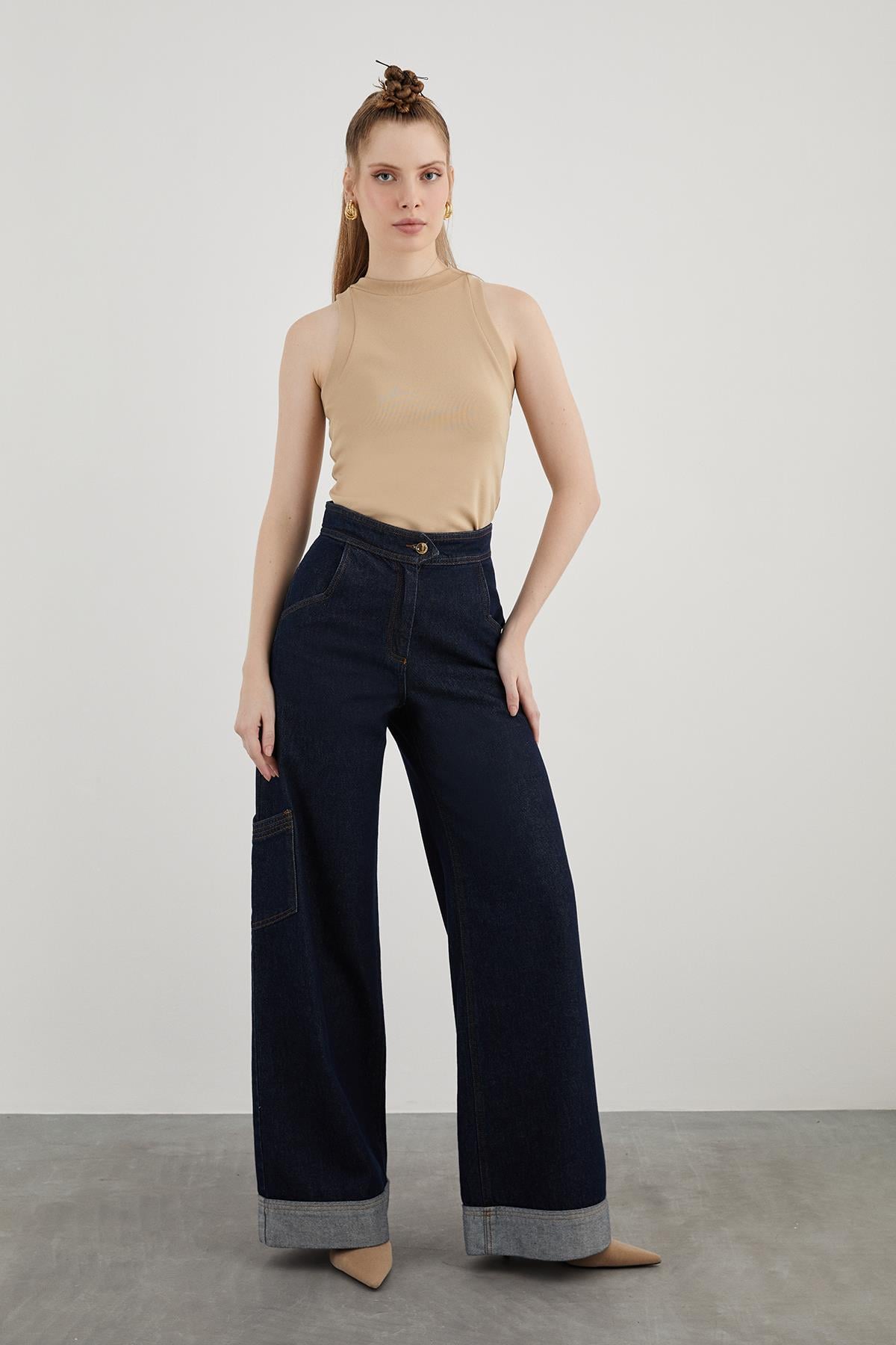 Cargo Pocket Double Leg and Metal Gold Button Detail Palazzo Denim Pants