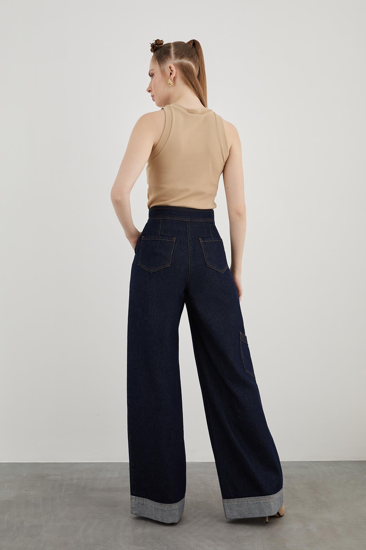 Cargo Pocket Double Leg and Metal Gold Button Detail Palazzo Denim Pants