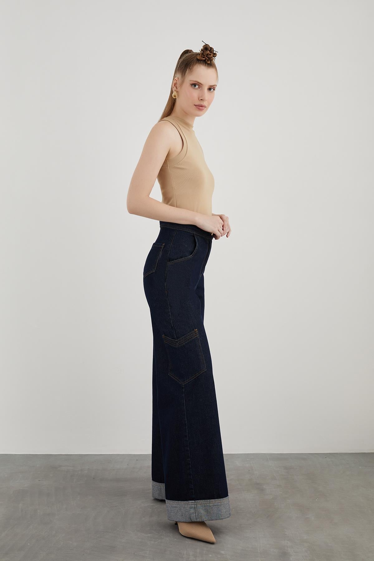 Cargo Pocket Double Leg and Metal Gold Button Detail Palazzo Denim Pants