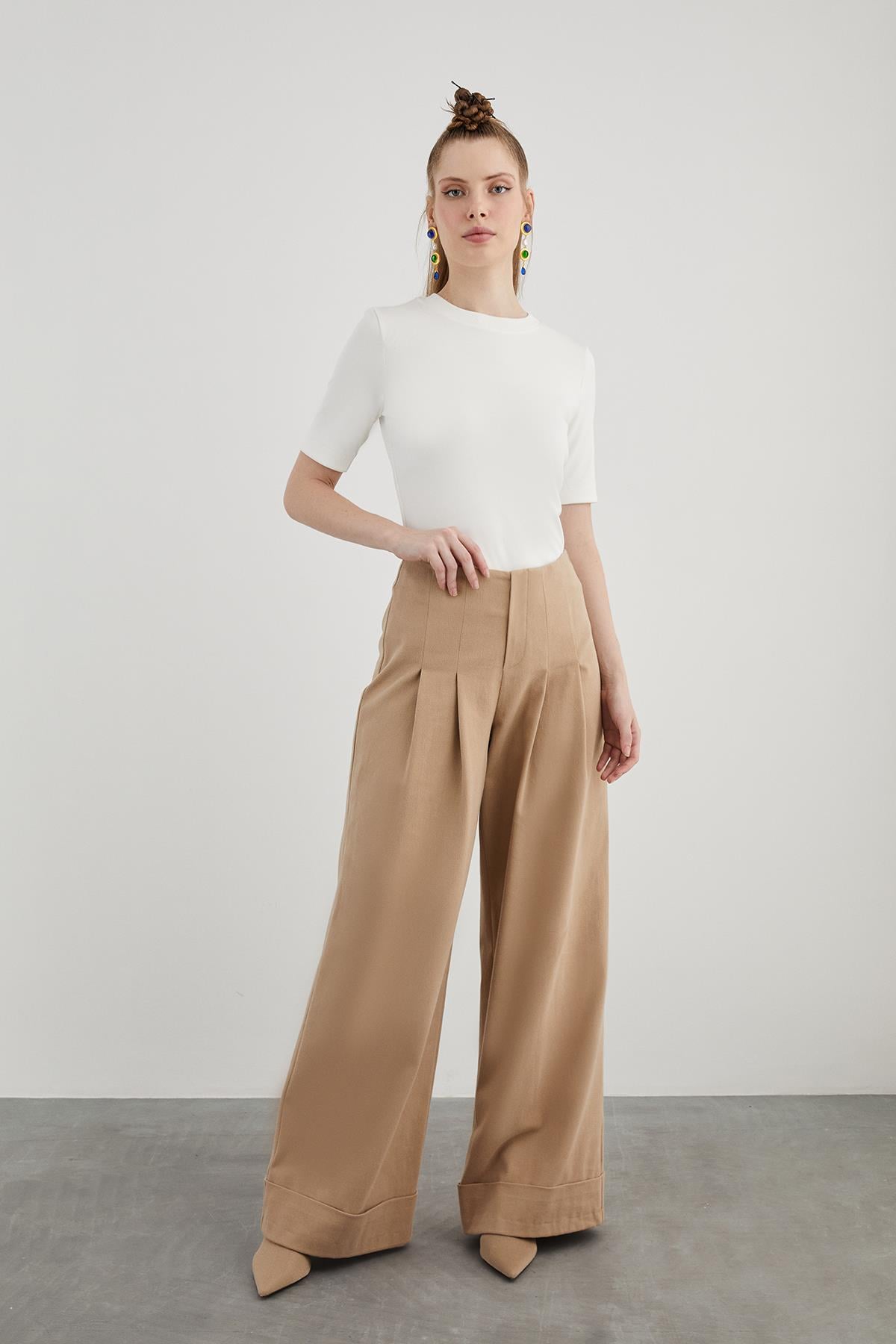 Belt Detail Pleated Double Leg Brown Wide Pants
