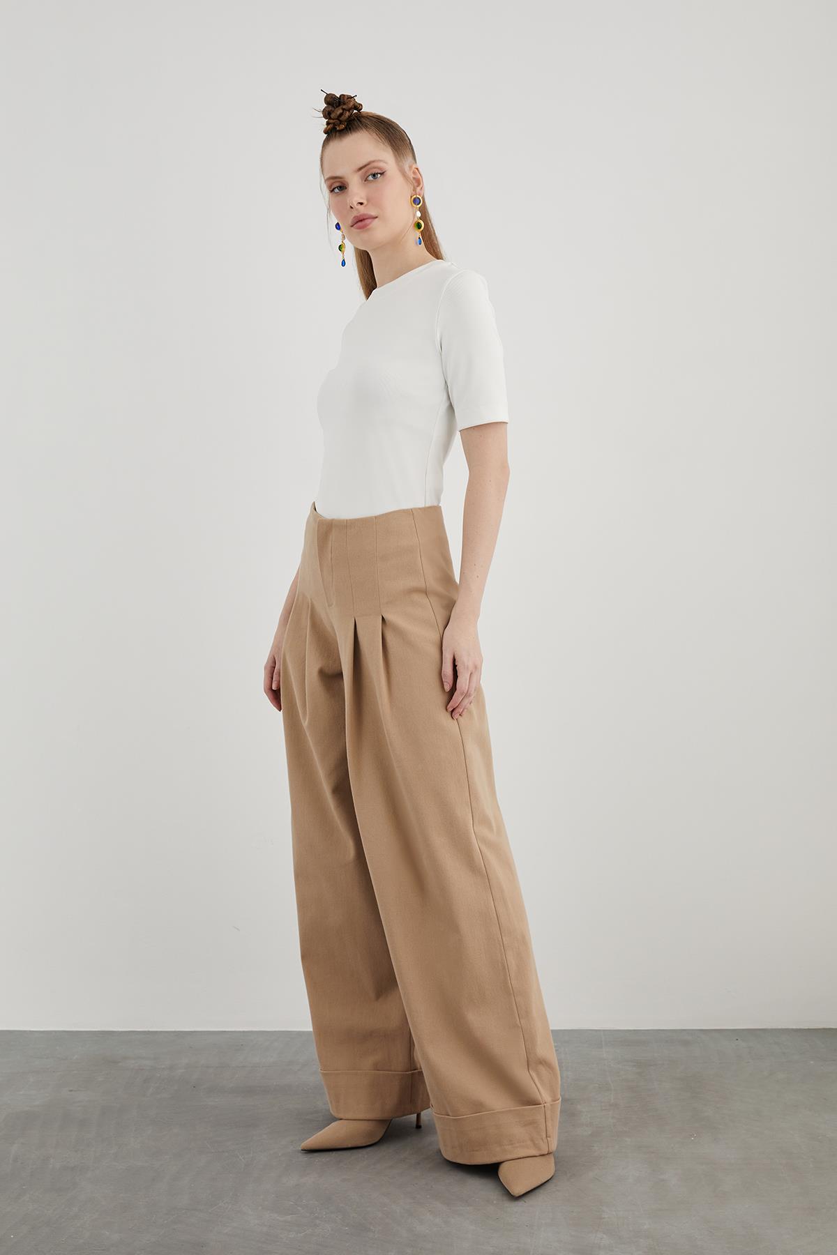 Belt Detail Pleated Double Leg Brown Wide Pants