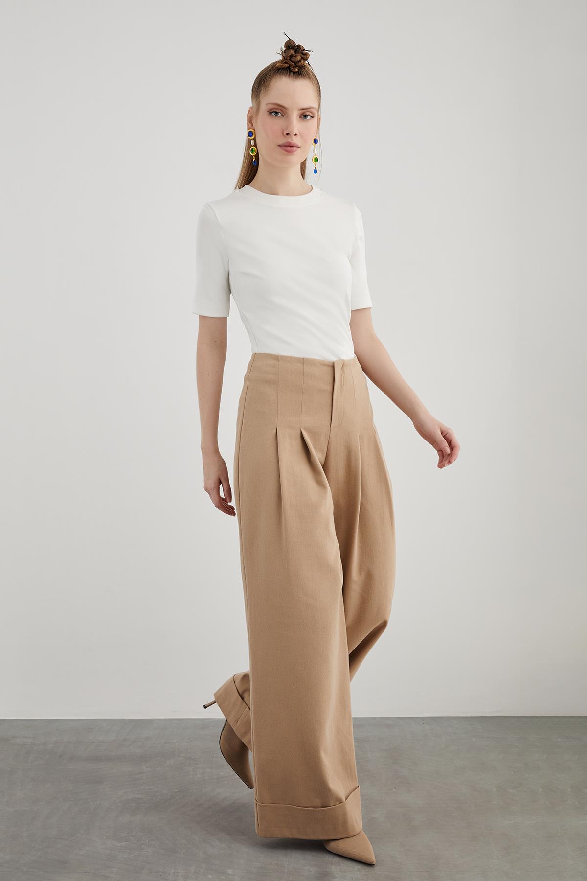Belt Detail Pleated Double Leg Brown Wide Pants