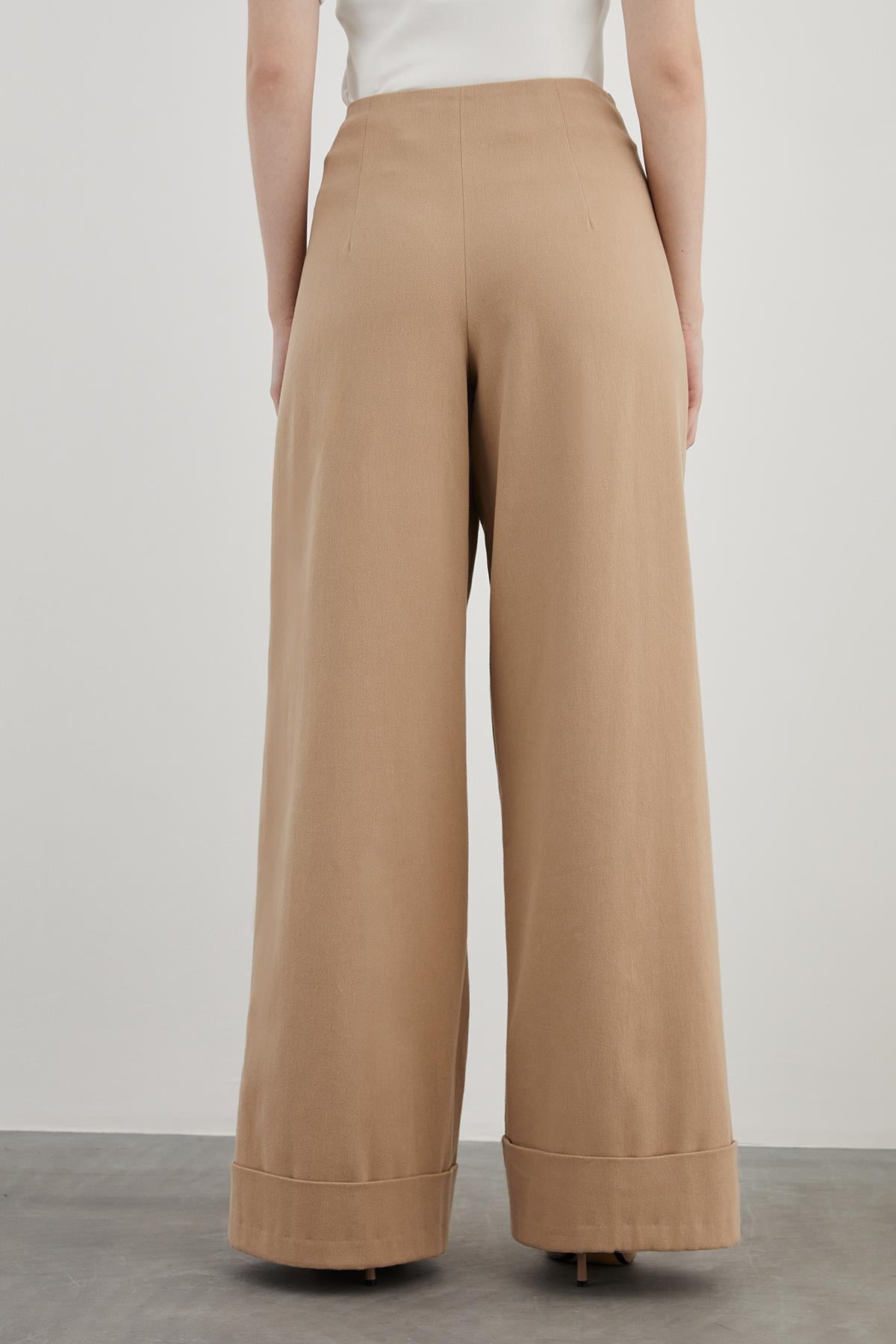 Belt Detail Pleated Double Leg Brown Wide Pants