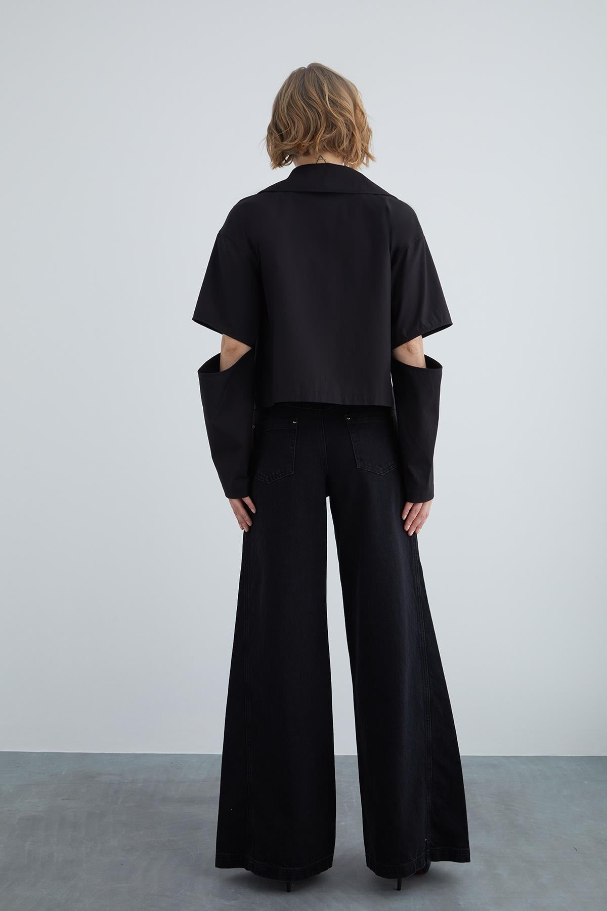 Front Double Breasted Oversize Blouse with Metal Button Detail and Windowpane Sleeves