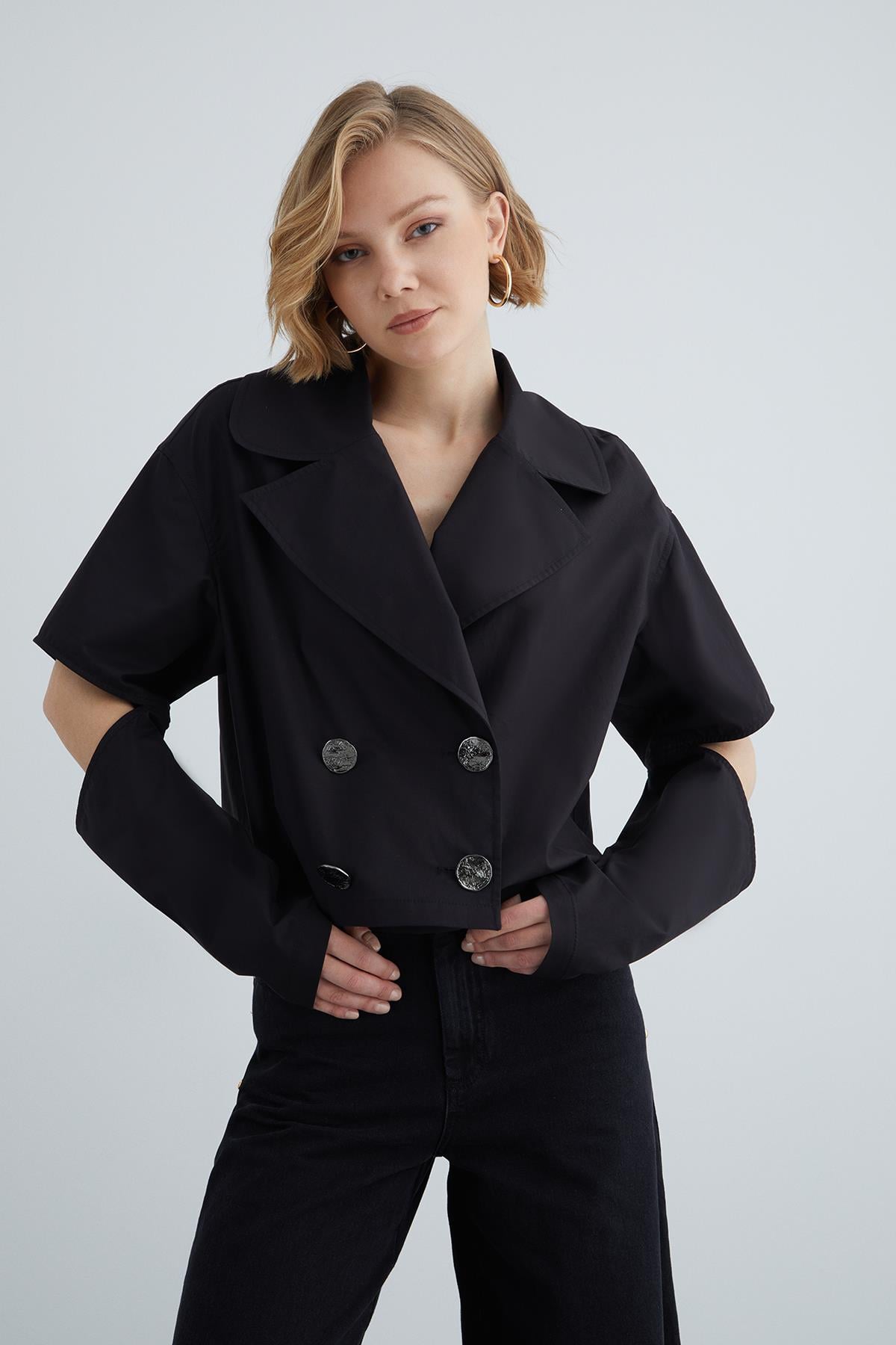 Front Double Breasted Oversize Blouse with Metal Button Detail and Windowpane Sleeves