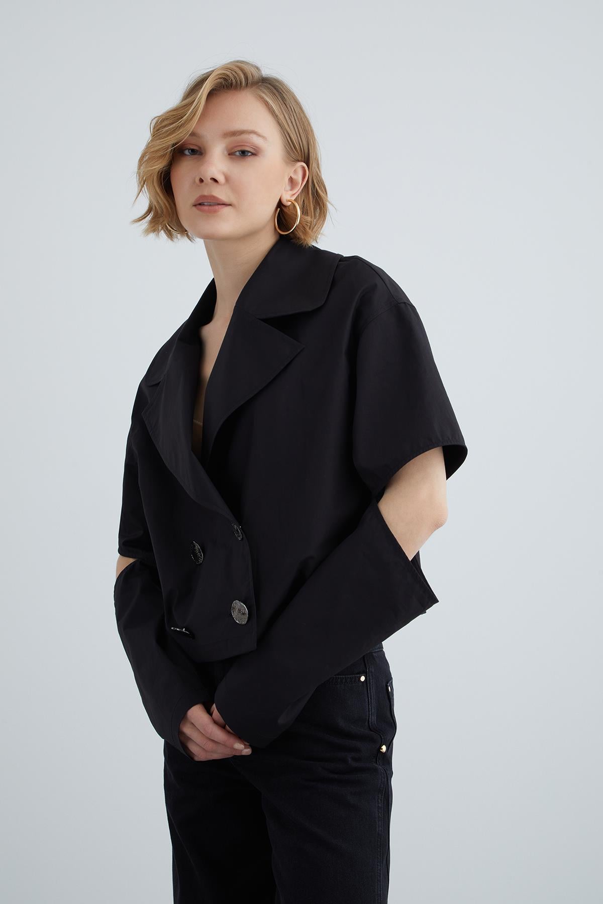 Front Double Breasted Oversize Blouse with Metal Button Detail and Windowpane Sleeves