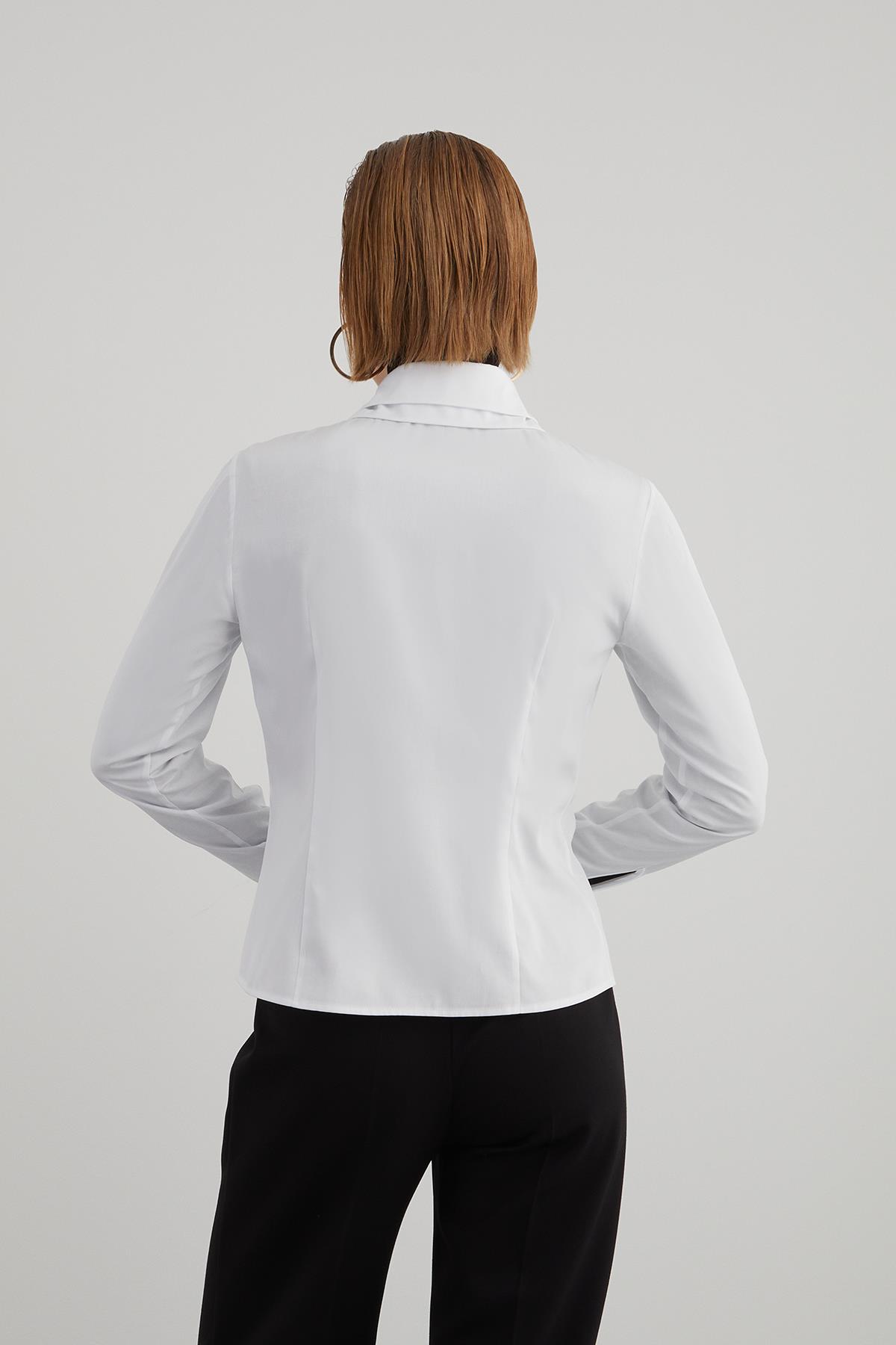 Double-Layered Collar Detail Triangular-Cuffed Fitted Stretch Cotton Poplin Shirt